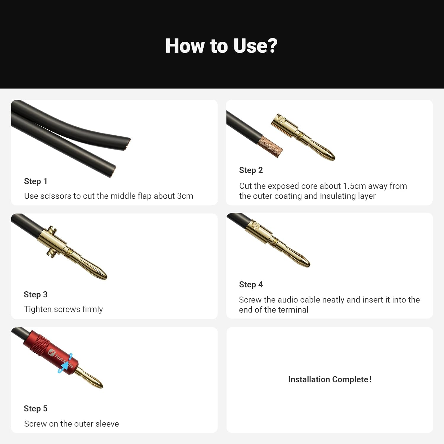 Fosi Audio Banana Plugs 2 Pairs / 4 Pcs - Gold Plated Speaker Plugs for Mini Hifi Stereo Audio Receiver Amplifier for Home Bookshelf/Computer/Desktop Passive Speakers image number 1