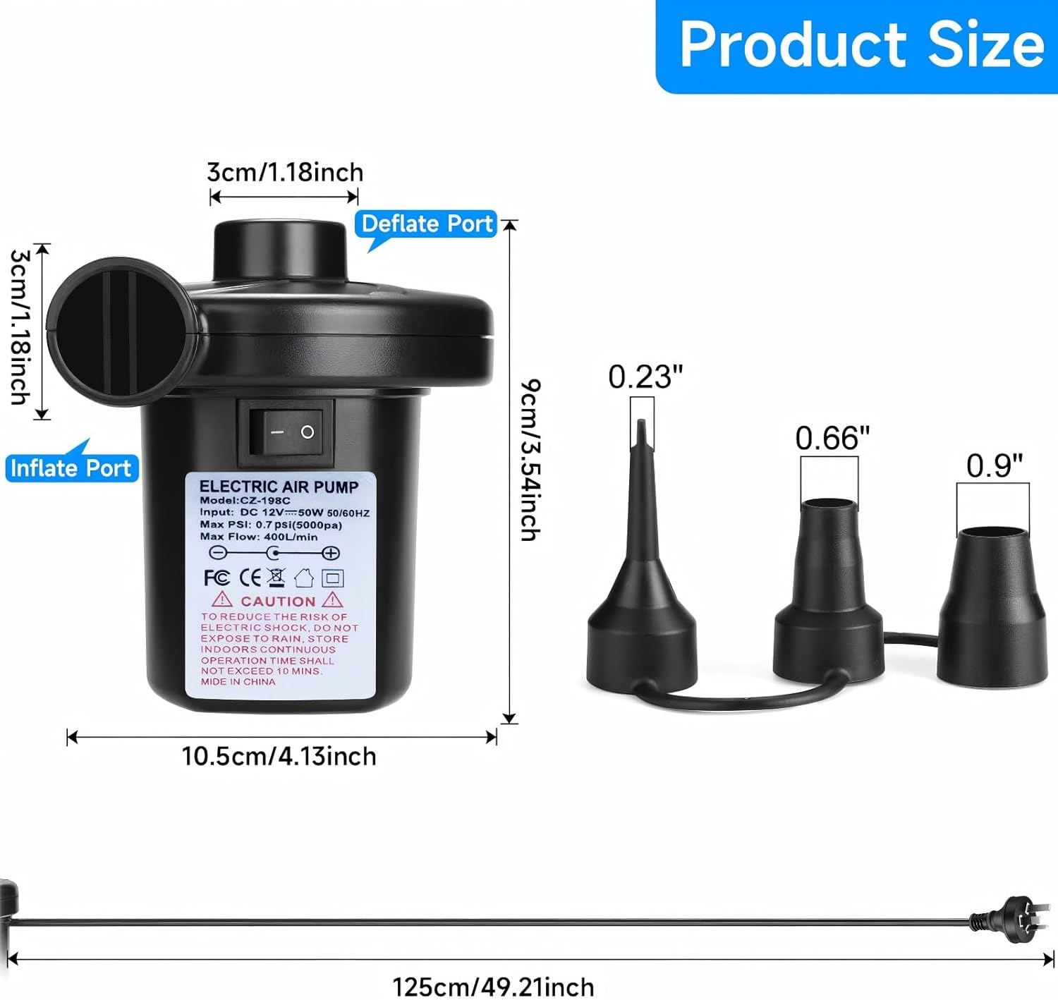 Electric Air Pump for Inflatables + 3 Nozzles, Perfect Home Inflator/Deflator Pumps Portable Quick-Fill, Ideal for Air Mattress Balloon Pump Swimming Rings Inflatable Boat Pool Floats Raft Sofa Kayak image number 6