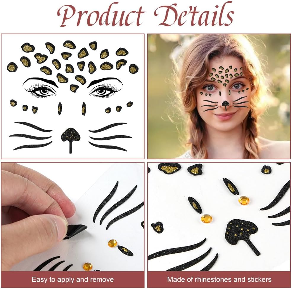 LOPHE Face Tattoo, 2 Sheets Glitter Face Tattoo Leopard 330 Pieces Glitter Stones Self-Adhesive, Glitter Face Tattoo Glitter Sticker Party Halloween Carnival - 6 Sheets Of Face Tattoo image number 2