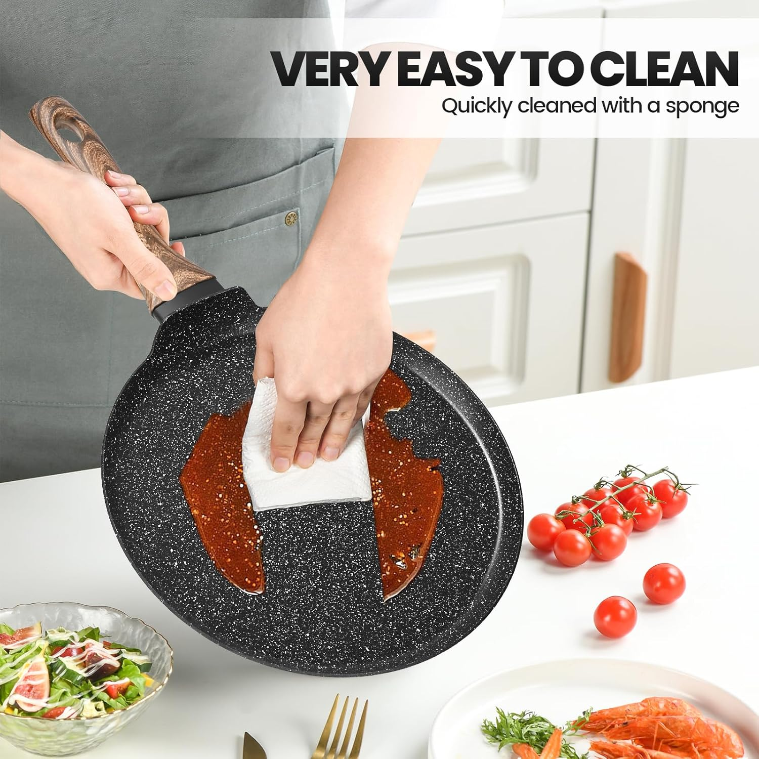 JNNQI Non-Stick Crepe Pan 28 Cm (11 Inch), Pfoa-Free Non-Toxic Coating, Gas/Electric/Induction Stovetop Compatible, Includes Silicone Spatula and Wooden Crepe Spreader Tool image number 3