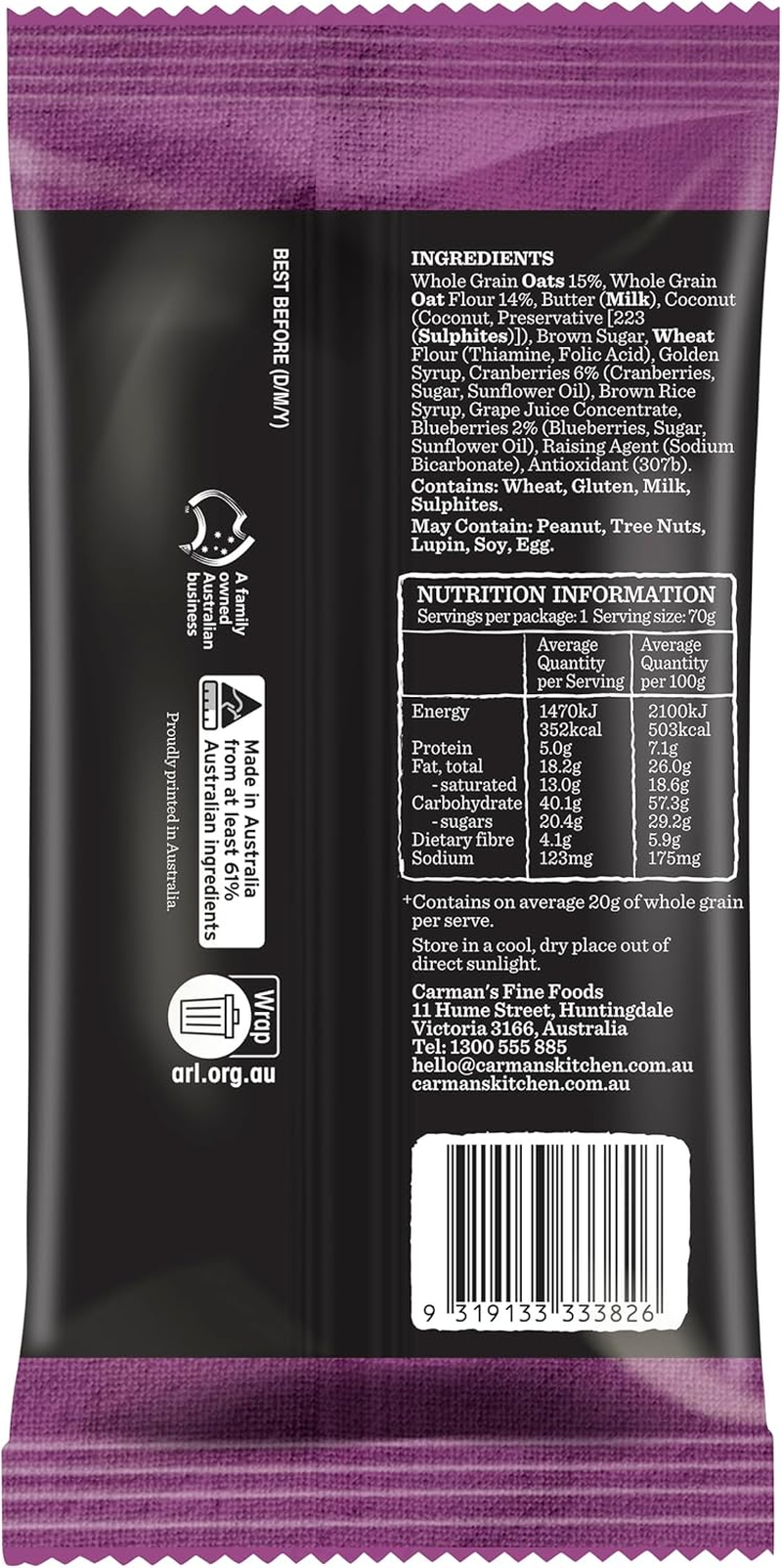 Carman'S Oat Slice Cranberry & Blueberry 12X70G Slices (Pack of 12) image number 2