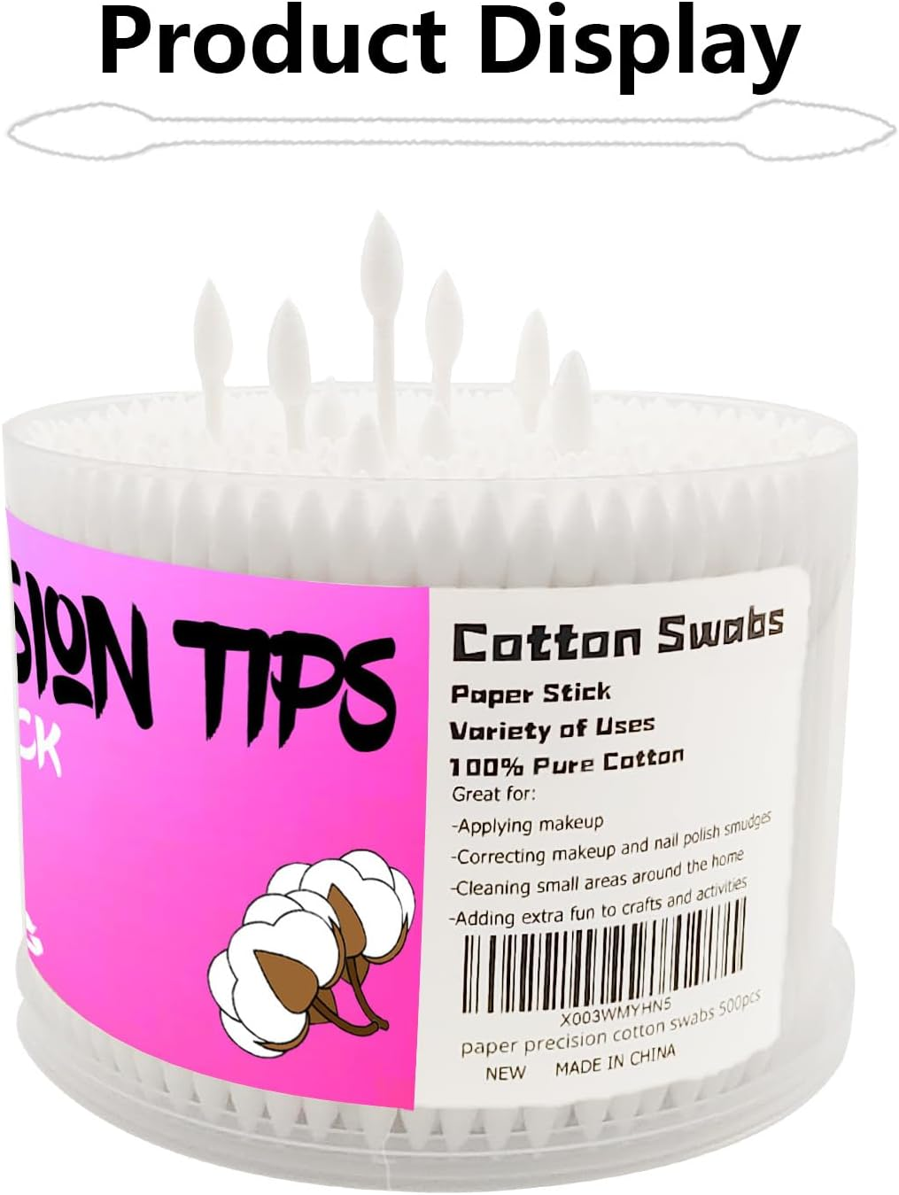 Pointed Tip Cotton Swabs,500 Count Cotton Buds,Double Precision Tips with Paper Stick for Personal Care and Makeup image number 1
