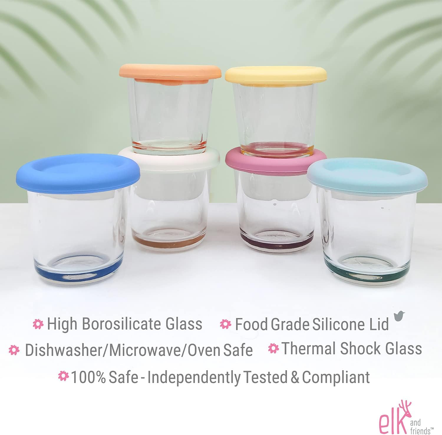 Elk and Friends 4Oz Borosilicate Glass Baby Food Storage Jars with Silicone Lid | Strong Glass |Microwave, Oven & Dishwasher Safe | Infant and Babies | 6 Pack image number 2