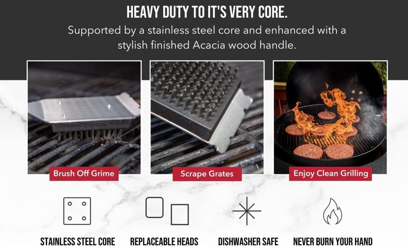 BBQ Grill Brush for Outdoor Grill, Scraper for Barbecue with Extended, Large Wooden Handle and Replaceable Stainless Steel Bristles Head No Scratch,Bbq Grill Brush for Any Grill image number 3