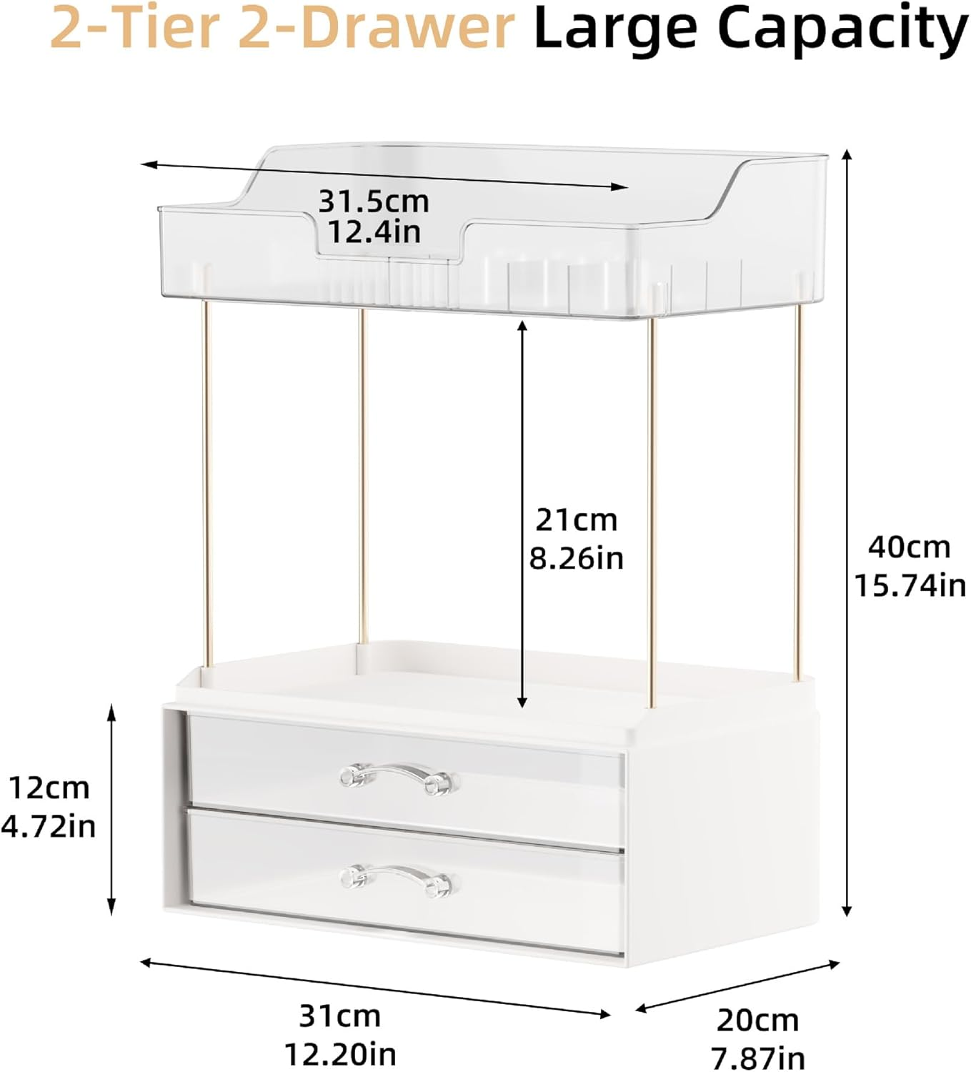 Bathroom Counter Organizer, 4 Tier 2 Drawer Makeup Countertop, Versatile Perfume Organizer, Makeup Organiser Storage, Large Skincare Organizers, for Bathroom Storage, Exquisit Vanity Shelves (White) - White image number 1