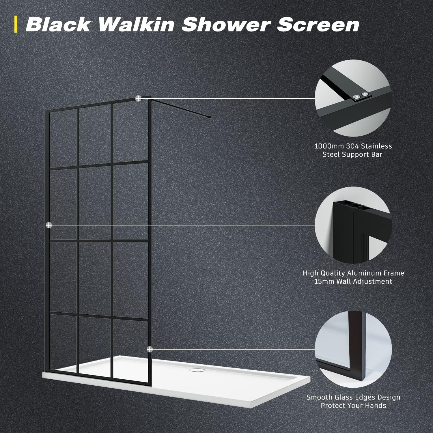ELEGANT 1100 X 2000Mm Black Grid Painted Stain Walkin Shower Door, Shower Screen Wet Room Reversible 8Mm Safety Glass Shower Panel Frame Shower Cubicle for Bath image number 4