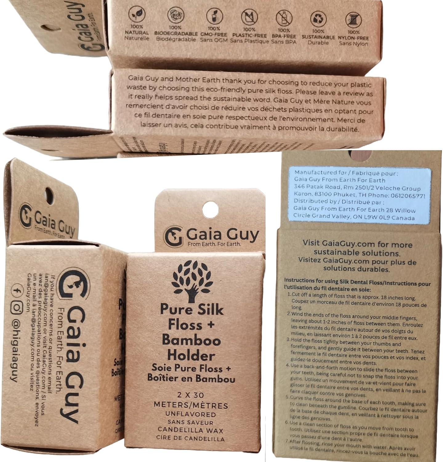 Gaia Guy Natural Unflavored Silk Dental Floss with Floss Refill & Reusable Bamboo Holder | 2 X 30 Meters of Compostable Pure Silk Waxed with Candelilla Wax | Plastic-Free Packaging