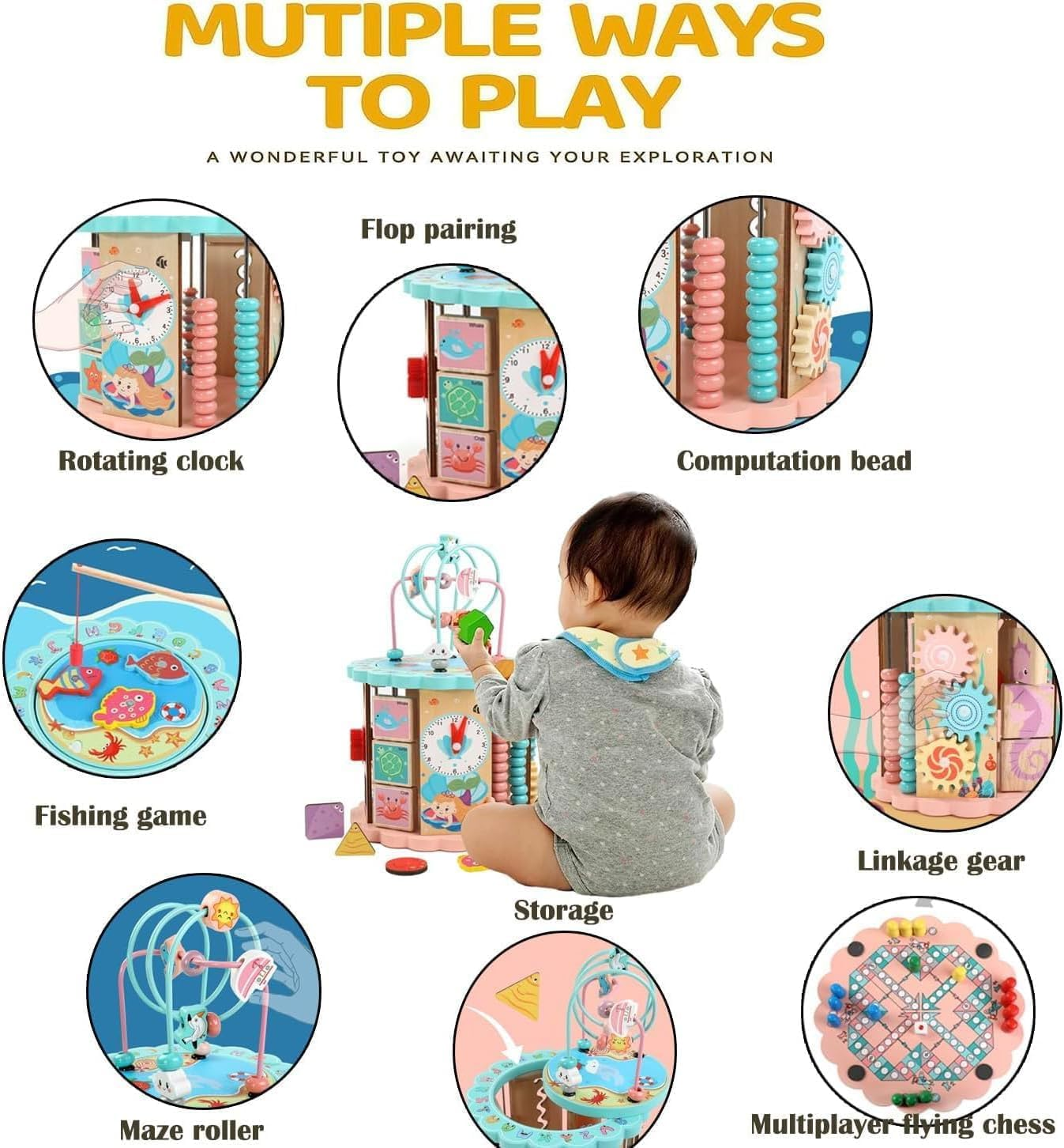 Fohouse Wooden Activity Cube, 8-In-1 Montessori Toys for 12+ Months Babies, Early Educational Toys, Shape Sorter Blocks and More, Baby Sensory Fine Motor Skills Developmental Toys image number 3