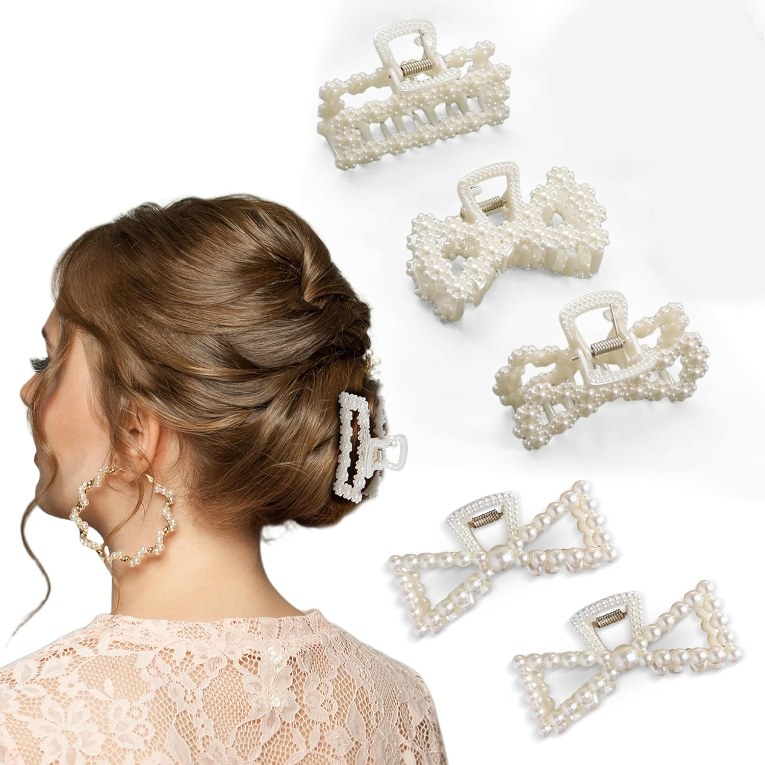 Merdia 5 Pcs Simulated Pearl Hair Claw Clips for Women Hair Clips for Women | Claw Clips for Hair Clips for Non Slip Strong Hold | Hair Accessories| Claw Clips for Hair | Barrettes for Women White
