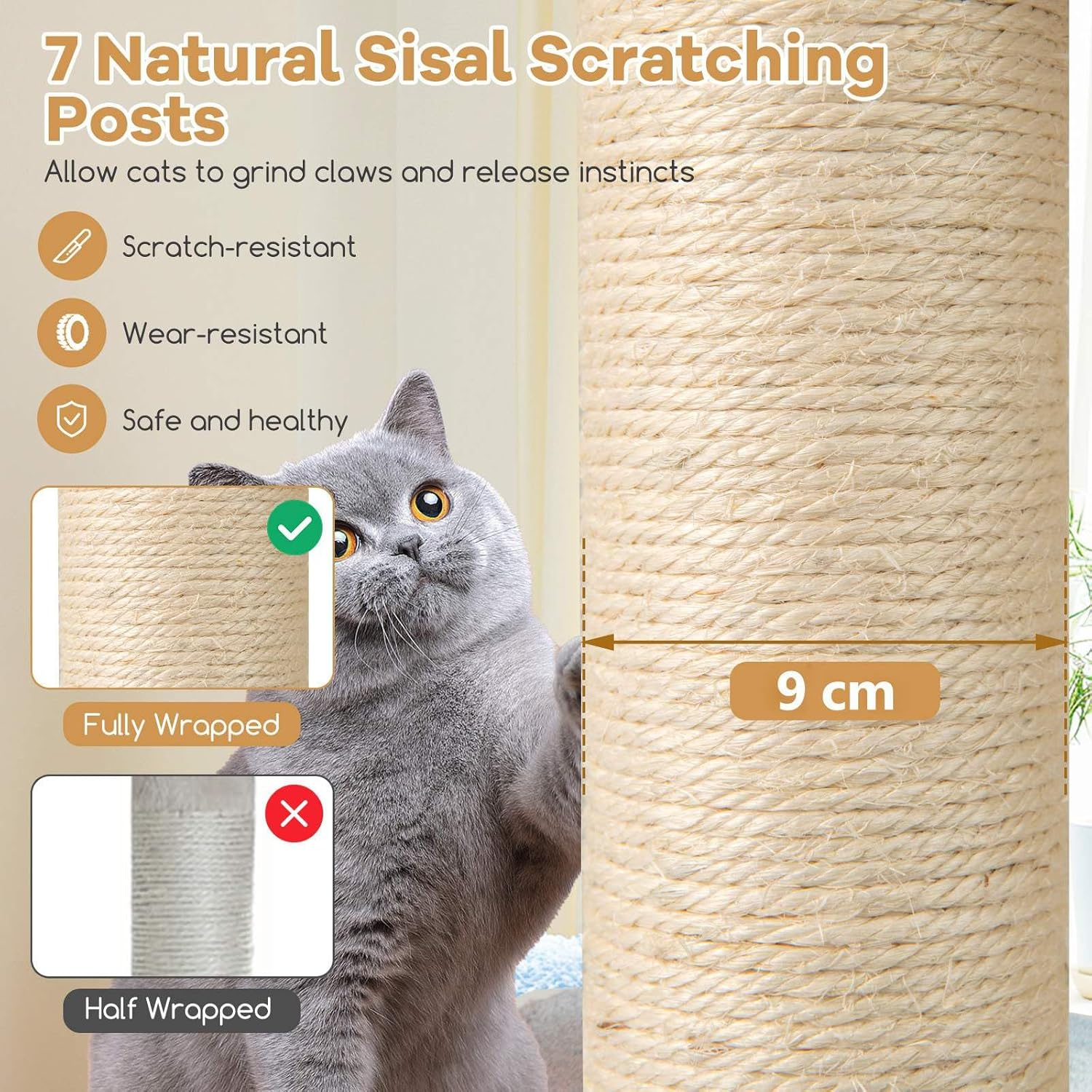 Costway 151 Cm Tall Cat Tree, Wooden Cat Tower W/ 2-Story Condo, Sisal Scratching Posts & Mat, Perch, Hammock, Washable Plush Cushion, Multi-Layer Kitten Activity Center, Modern Indoor Cat Furniture image number 3