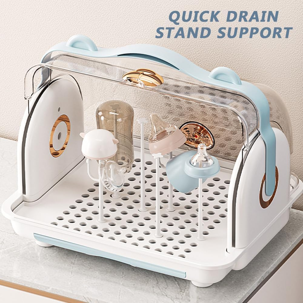 Baby Bottle Drying Rack with Storage Box, Portable Nursing Bottle Organizer with Cover and Drain Board, Durable Countertop Drying Station for Bottles and Tableware