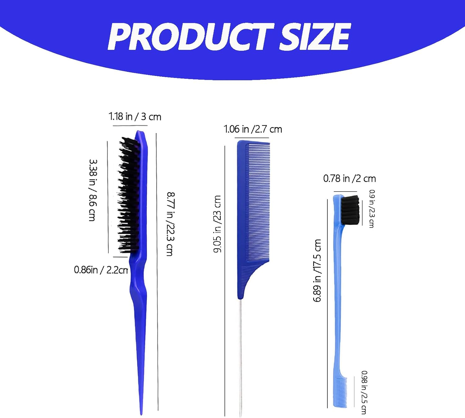 3 Pieces Styling Hair Brush Set, Slick Bristle Hair Brush, Rat Tail Comb Edge Brush for Edge & Back Brushing, Combing Slicking Hair for Women image number 1