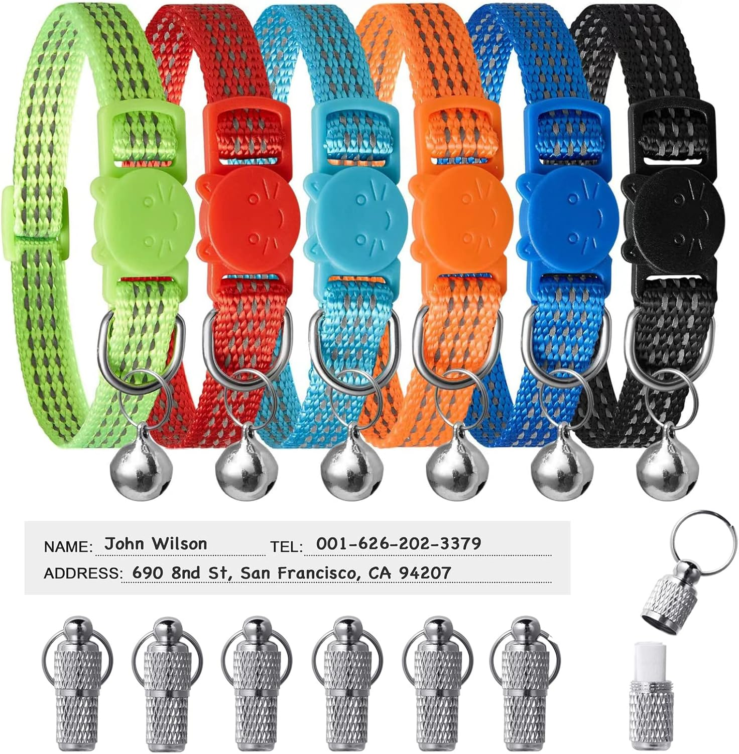 LLHK 6 Pack Reflective Cat Collars & 6 Pcs Name Tags,Breakaway Safety Kitten Collar with Bell,Adjustable 7''-12'',For Girl Male Cats, Personalized ID Tag,Pet Supplies,Stuff,Accessories(12 Pack)