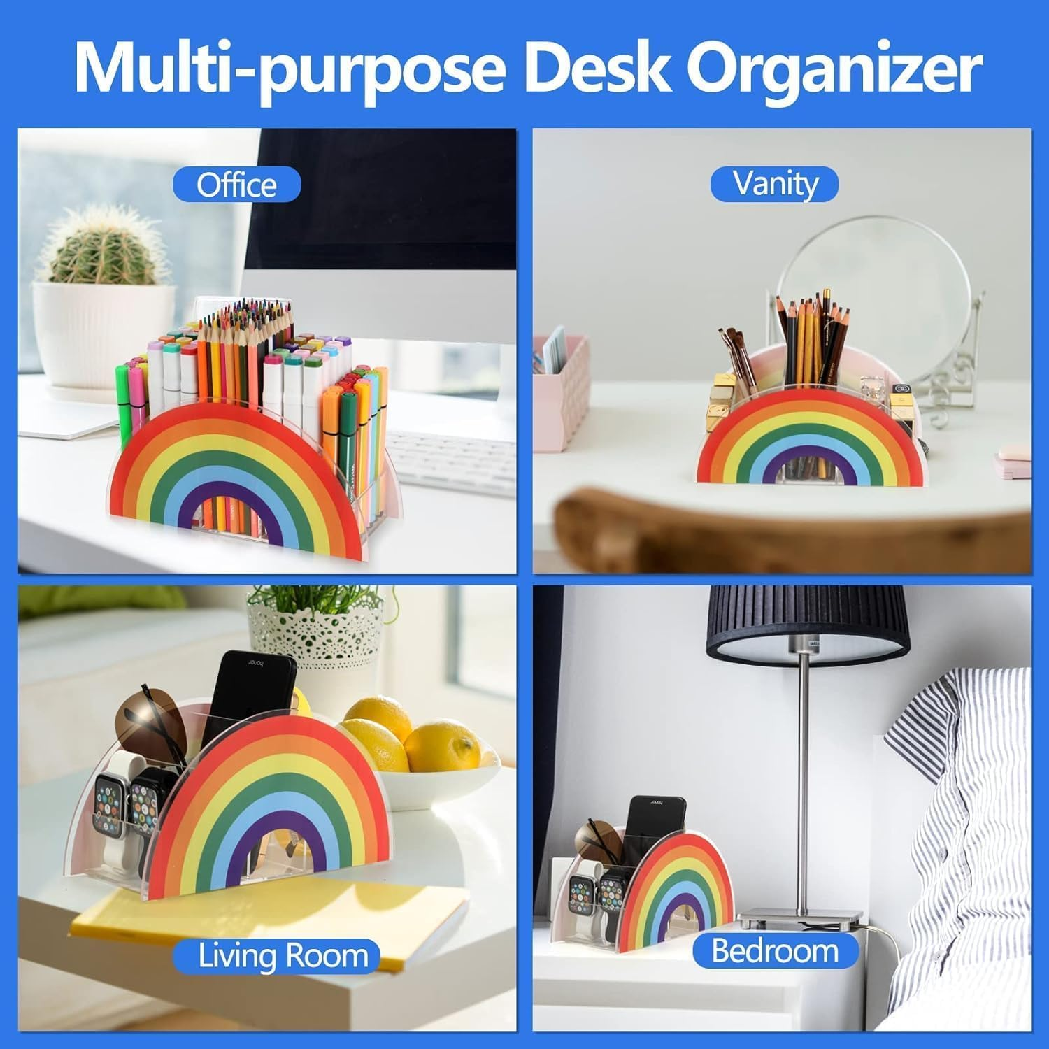 Rainbow Acrylic Pen Pencil Holder Desk Organizer, Modern Corner Desktop Stationery Organizer for Women Kids Students School Art Supplies image number 5
