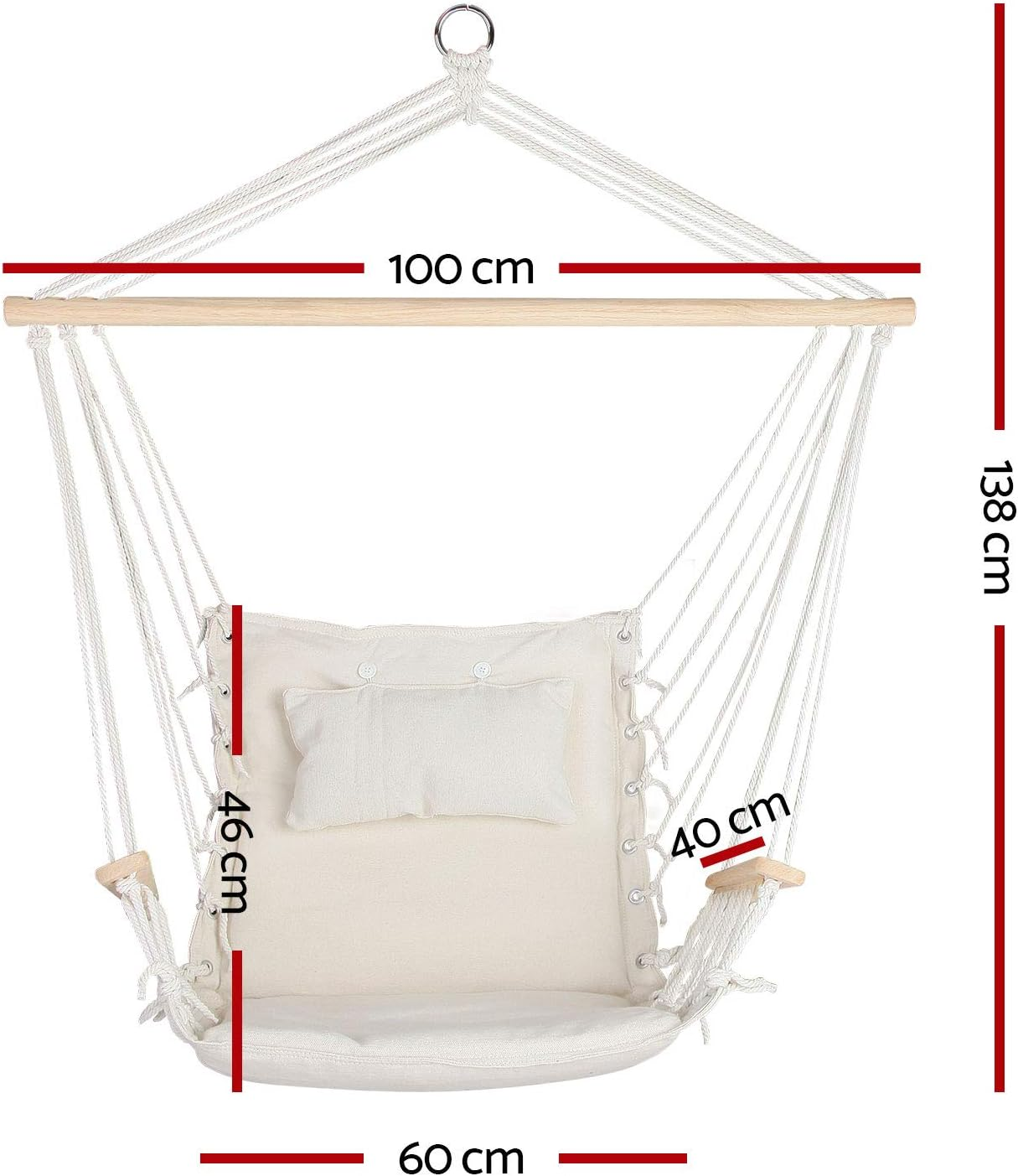 Gardeon Hammock, Cotton Chair Portable Camping Swing Hanging Chairs Hammocks Patio Backyard Porch Outdoor Indoor Furniture, with Solid Timber Armrest 120Kg Capacity Cream image number 2
