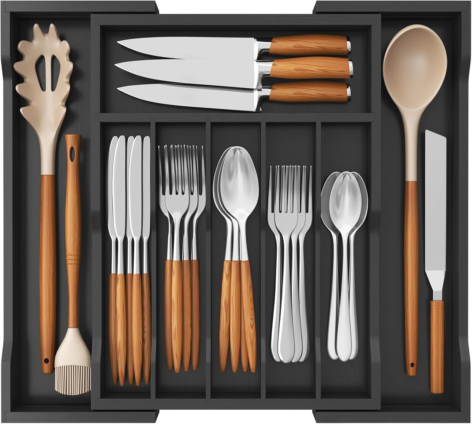 Lifewit Silverware Drawer Organizer, Expandable Utensil Tray for Kitchen, Bamboo Flatware and Cutlery Holder, Wood Adjustable Storage for Spoons Forks Knives, Large, White