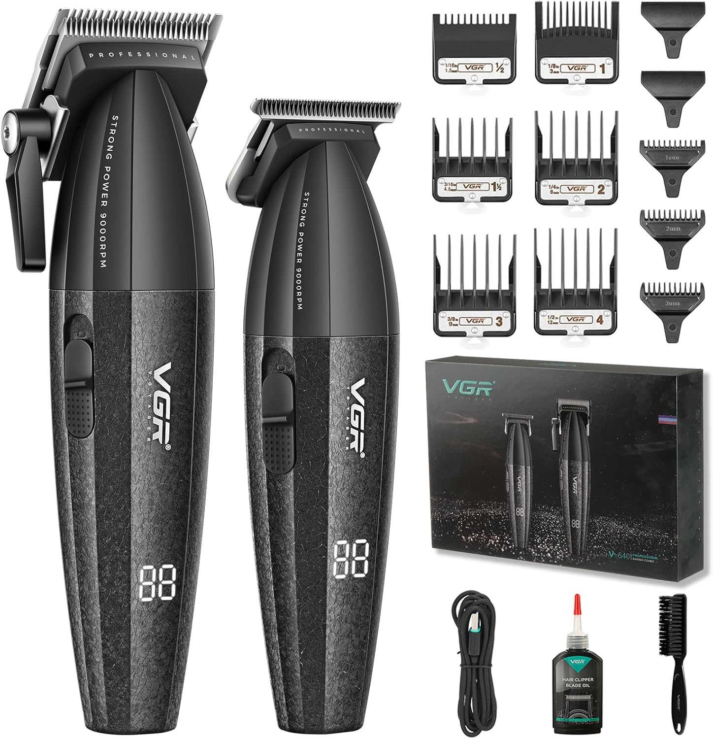 VGR 640 Professional Hair Clippers for Men, 9000RPM Cordless Barber Clippers and Trimmers Set, Zero Gap T-Blade Hair Cutting Kit, DLC Coated Ceramic Blade Barber Kit with LED Display(Red)
