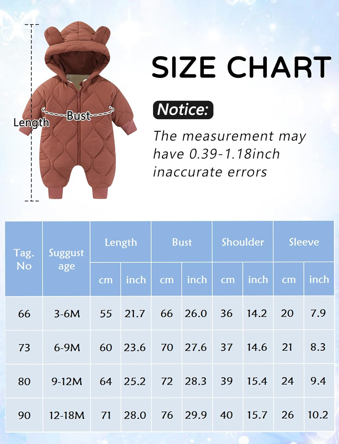 KEOYA Baby Girls Boys Winter Snowsuit Warm Fleece Lined Romper Zipper Padded Thick Puffer Jumpsuit