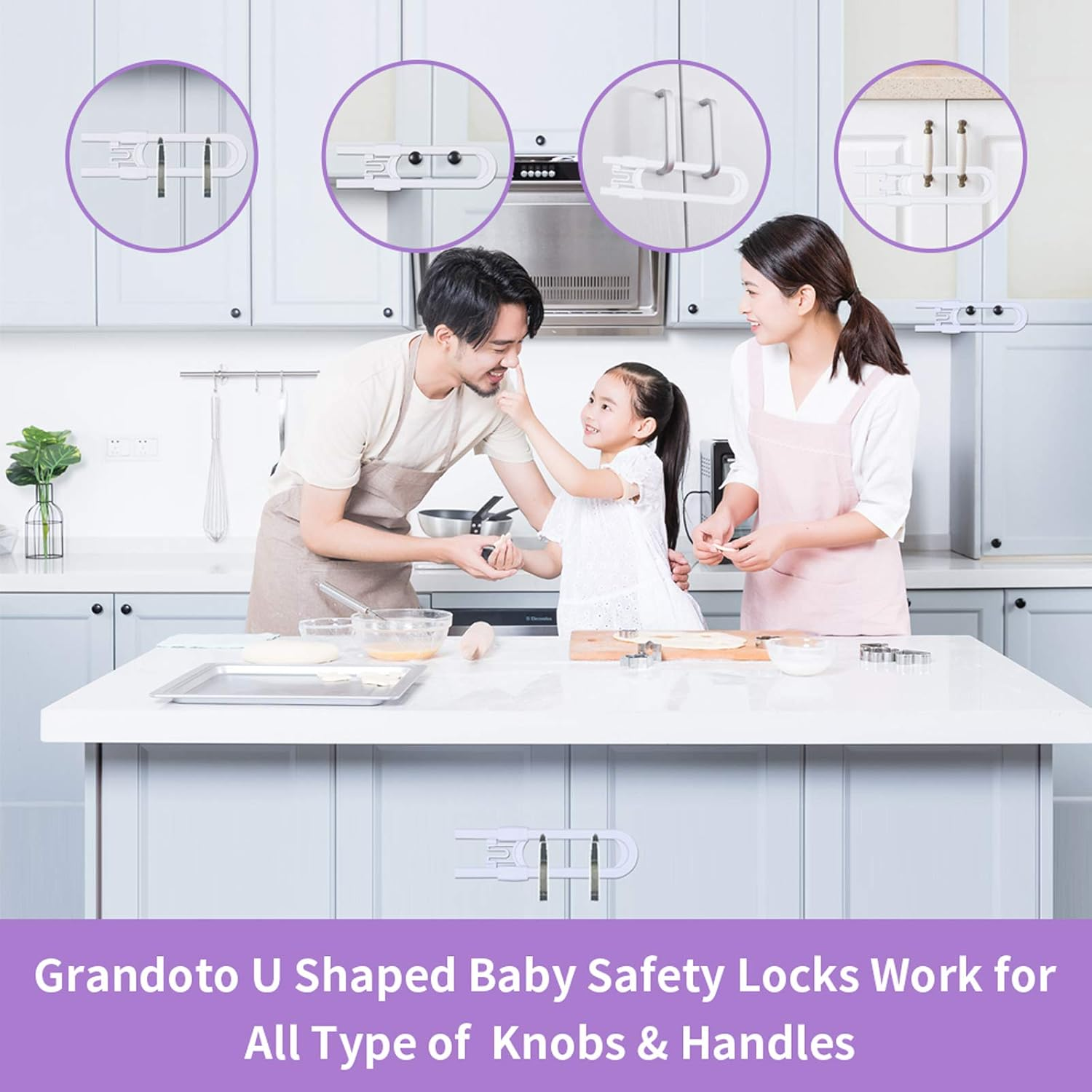 Sliding Cabinet Child Safety Locks-Grandoto U Slide Door Locking for Childproof Safe Latch & Baby Proofing Lock for Wardrobe,Kitchen,Bathroom,Drawer,Fridge,Cupboard Doors Knobs & Handles (4Pack White) image number 1