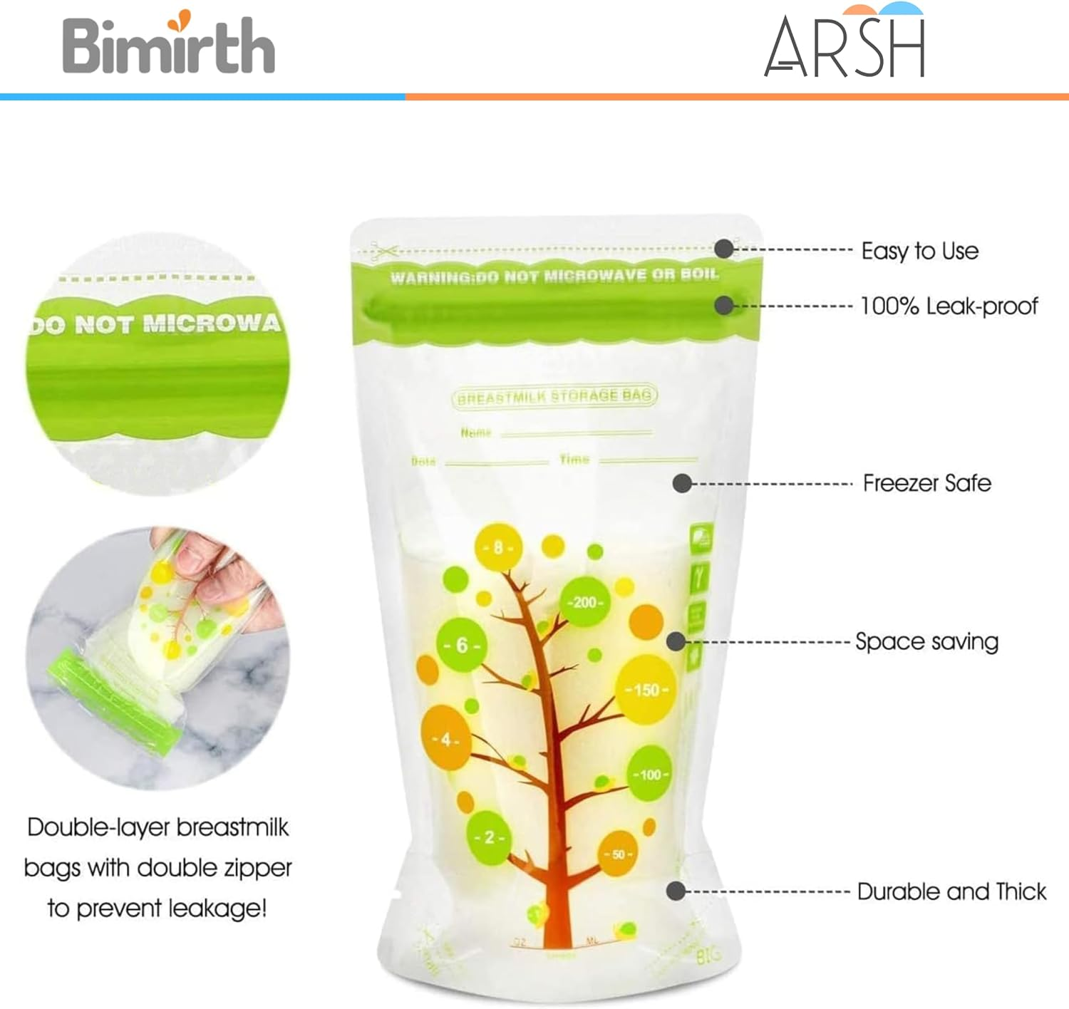 ARSH Breastmilk Storage Bags (112 Bags - 200 Ml) Freezer Safe Transparent Breast Milk Storage Bag with Double Zipper Self Standing, Leak Proof, Presealed image number 5