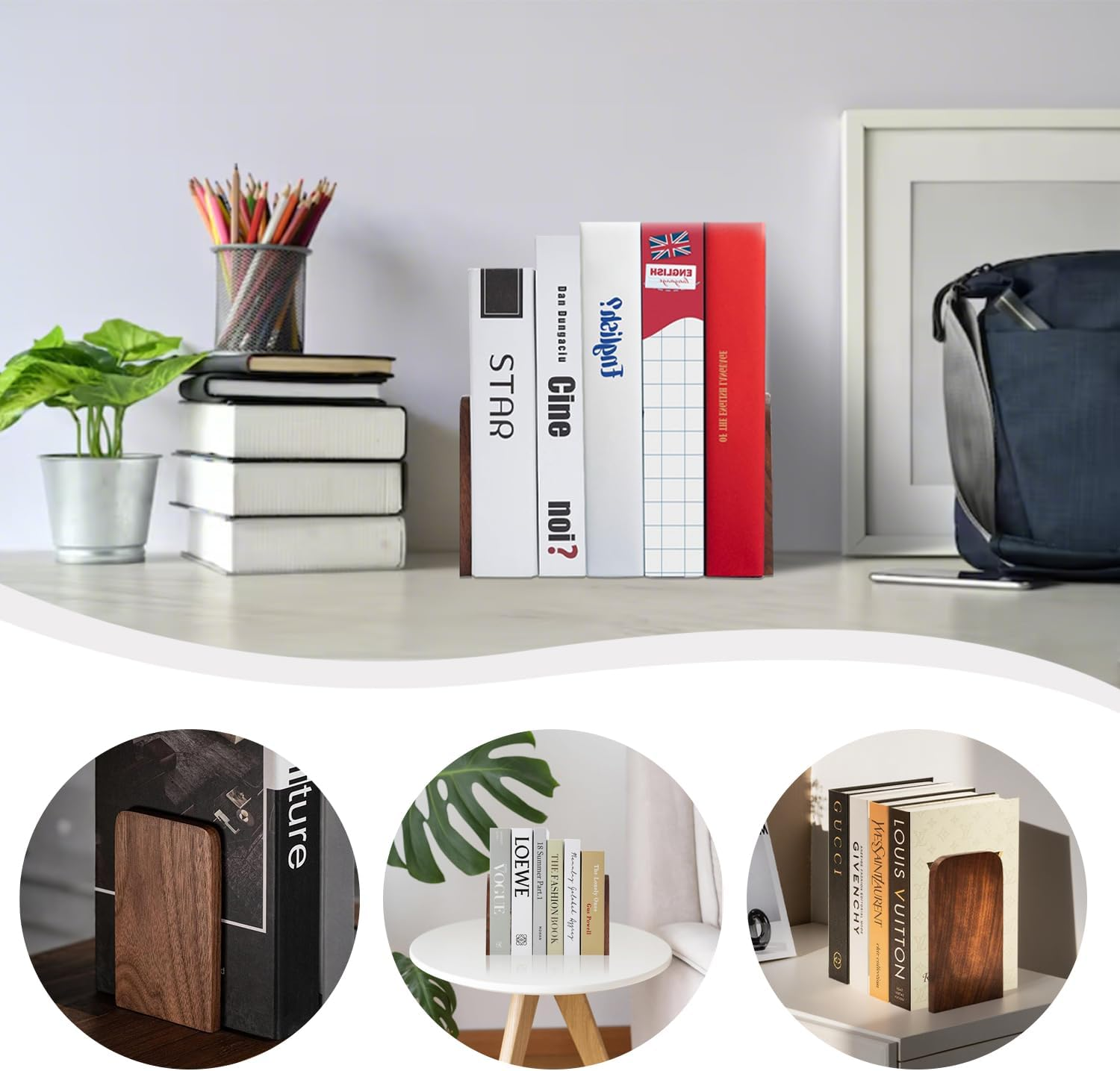 Handcrafted Walnut Bookends with Sturdy Metal Base &ndash; Premium Office & Library Organizer, Natural Wood Decor for Shelves (2-Pack, Eco-Friendly) - 2 Pack image number 5