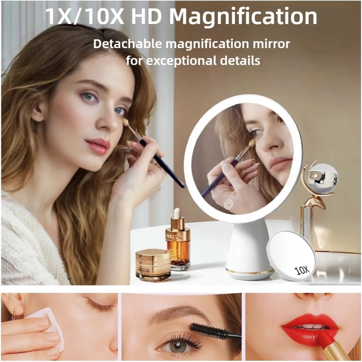 Magnifying Mirror 10X /1X with LED Lights,Rechargeable Makeup Mirror,7 Inch Makeup Mirror with Lights,360&deg; Rotation, 3 Level Brightness Adjustable,Touch Sensor Dimming,Portable Travel Make up Mirror. image number 4