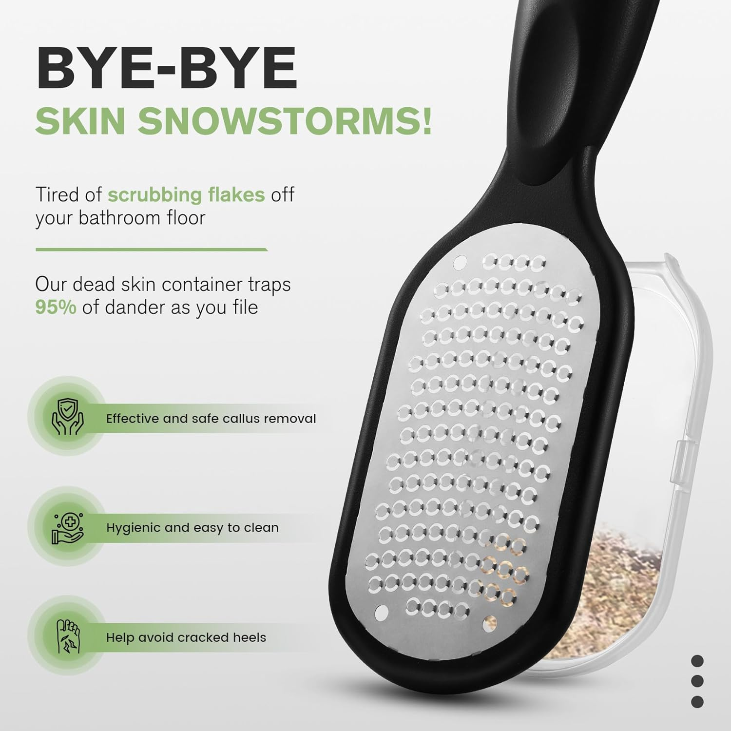 FERYES Foot File Callus Remover with Dead Skin Catcher &ndash; the Genius Foot Scrubber for Mess-Free Pedicures, Heel Scraper for Cracked Heel Treatment, Wet & Dry Use Feet Rasp - Black image number 1