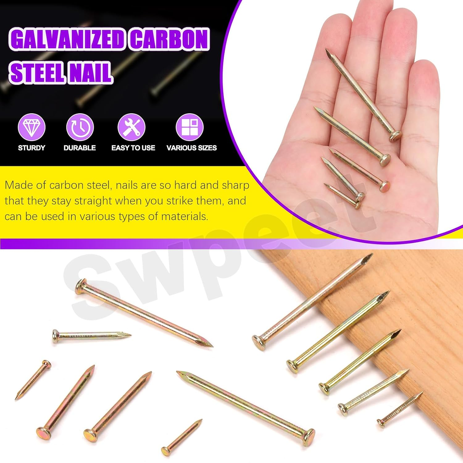 Swpeet 300Pcs 5 Sizes 3/4" 1-1/4" 1-3/5" 2" 2-3/8" Colored Zinc Hardware Nails Assortment Kit，Steel Nail, Galvanized Nails, Small Nails, Finishing Nails, Wall Nails, Wood Nails, Nails for Concrete image number 6