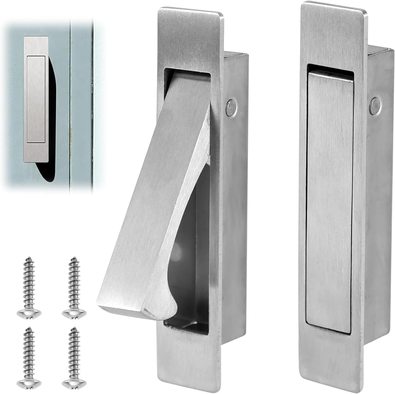 2 Pcs Pocket Door Pull Handle,Flush Mount Door Pull,Hidden Pocket Door Hardware Mount Recessed Drawer Pulls for Sliding Door Closet Cabinet Bathroom,304 Stainless Steel (Silver)