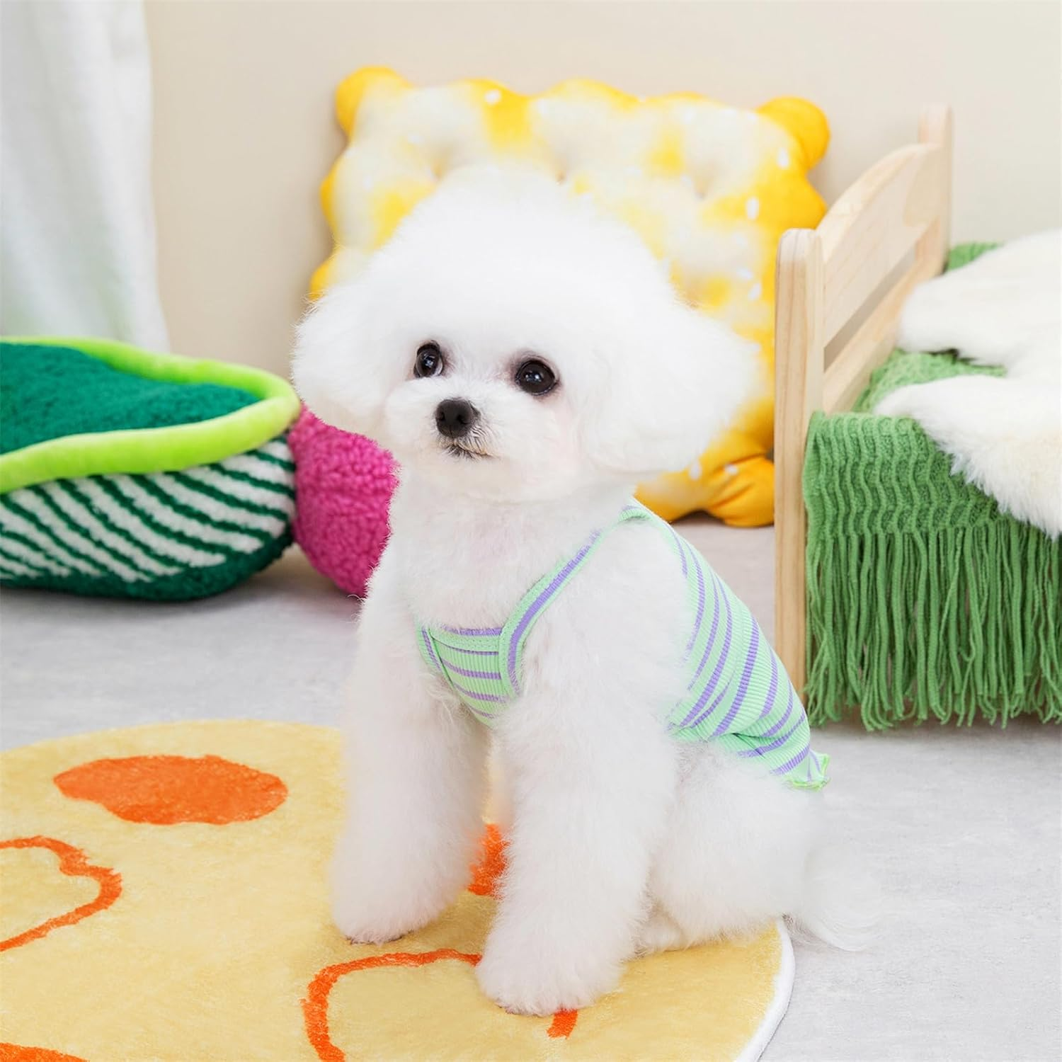 Yaopelky 2 Pieces Small Medium Dogs Summer Clothes Dog Striped Shirt Cute Flower Strawberry Embroidery Vest Pet Outfit for Chihuahua Yorkie Teddy (Pink-Green, S) image number 6