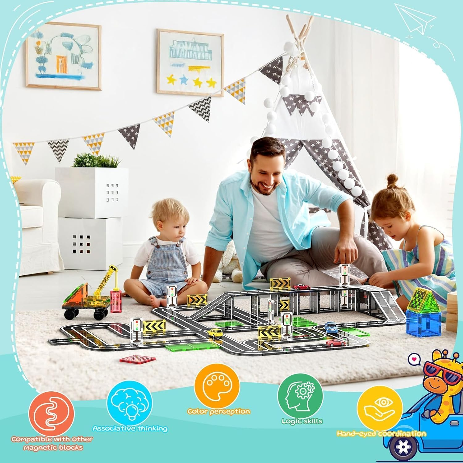 Magnetic Tiles Road Set 41 PCS, Magnetic Building Blocks with Car for Toddler Kids Toys, Montessori Educational Toys 3+ Year Old Boys & Girls Gifts image number 2