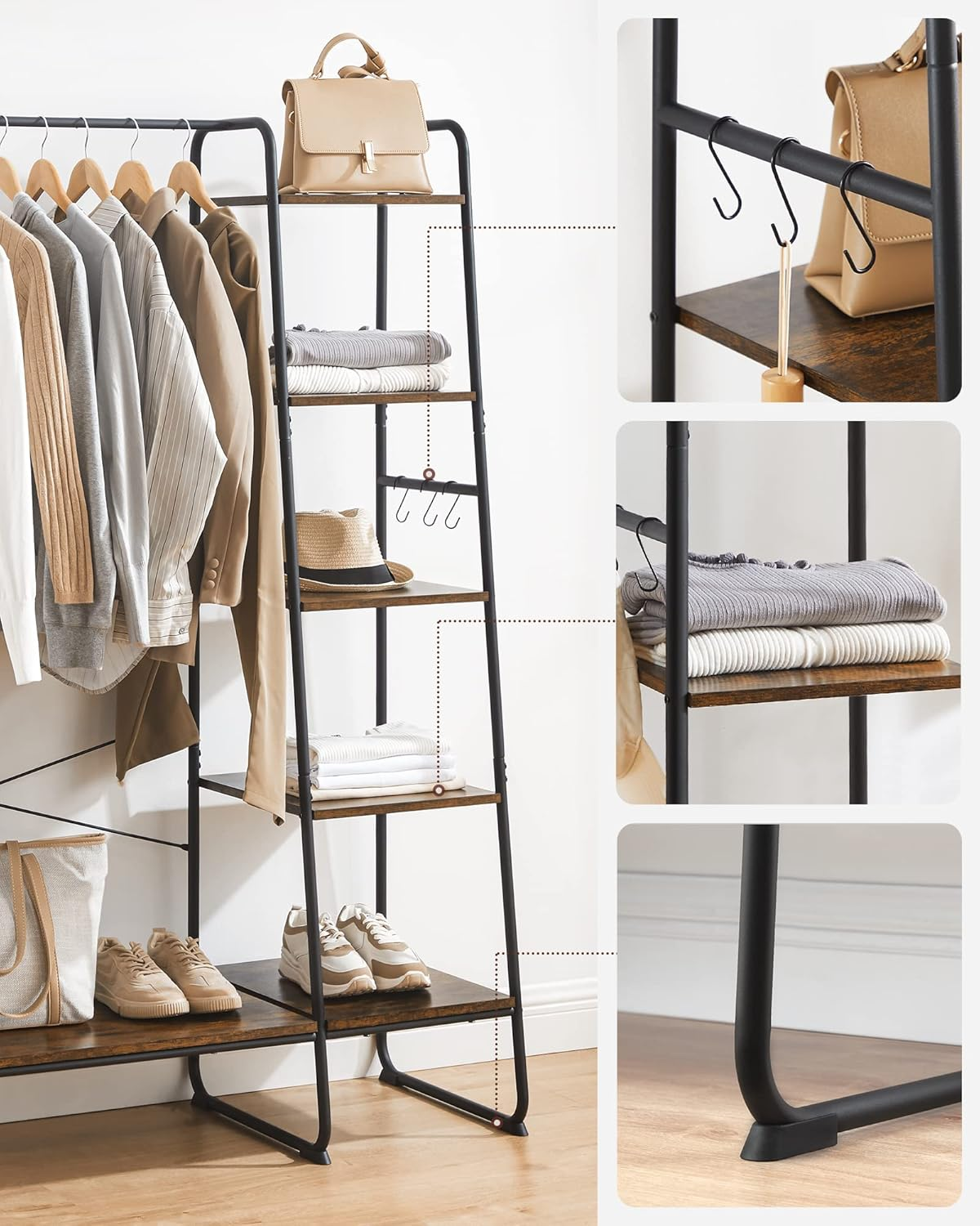 VASAGLE Clothes Rack, Clothing Rack with Shoe Shelf, 5-Tier Storage Rack, 6 Side Hooks, for Bedroom, Living Room, Rustic Brown and Black URGR116B01 image number 1