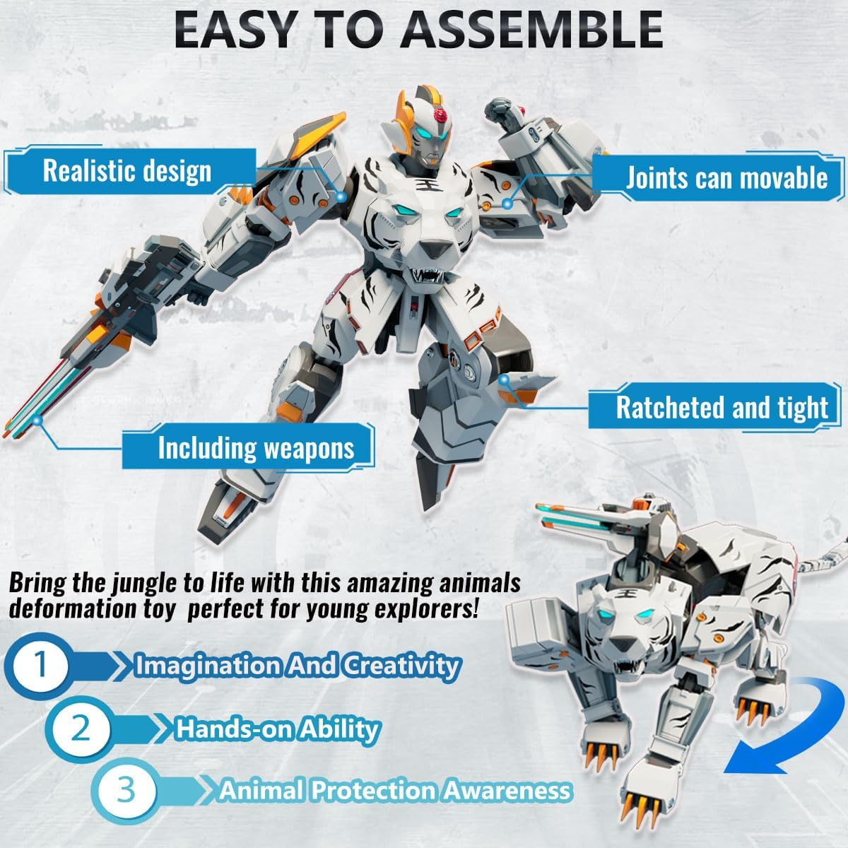 Animal Turn into 10" Robot Toys Tiger Action Figure for Kids Deformation Assembly Robot for Boys & Girls Ages 6-12 (Grey) image number 6