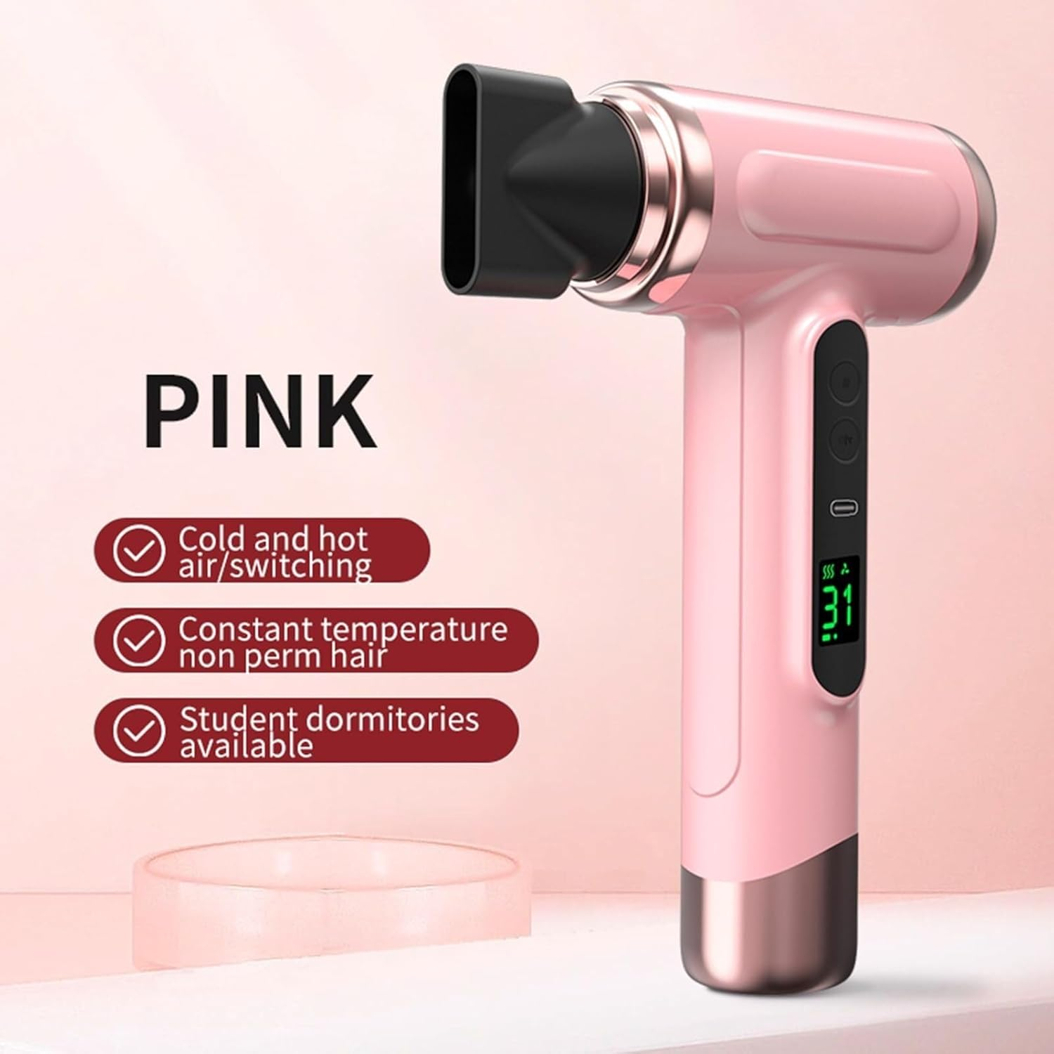 Cordless Travel Hair Dryer Rechargeable, 3 Speeds or 3 Temperatures, Digital Screen Compact, Lightweight, Fast Drying for Women or Men on the Go (Pink) - Pink image number 4