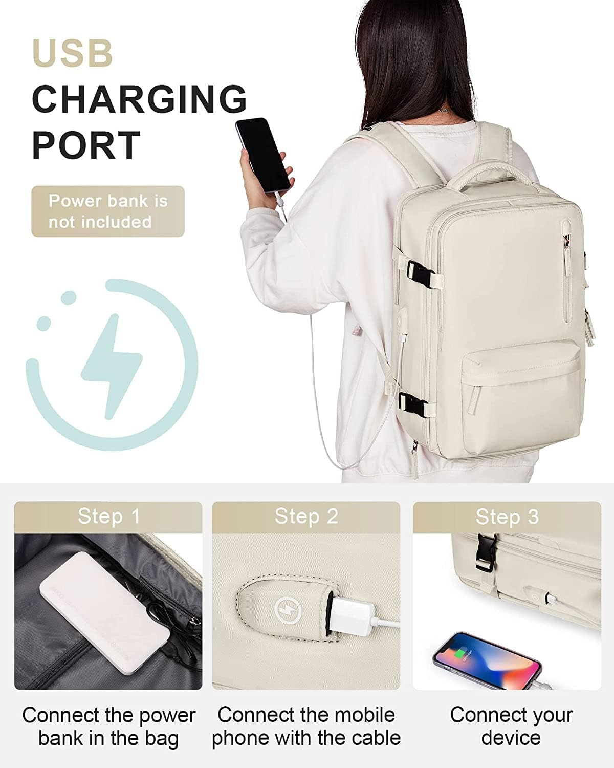 Large Travel Backpack Women, Carry on Backpack,Hiking Backpack Waterproof Outdoor Sports Rucksack Casual Daypack Fit 14 Inch Laptop with USB Charging Port Shoes Compartment image number 6