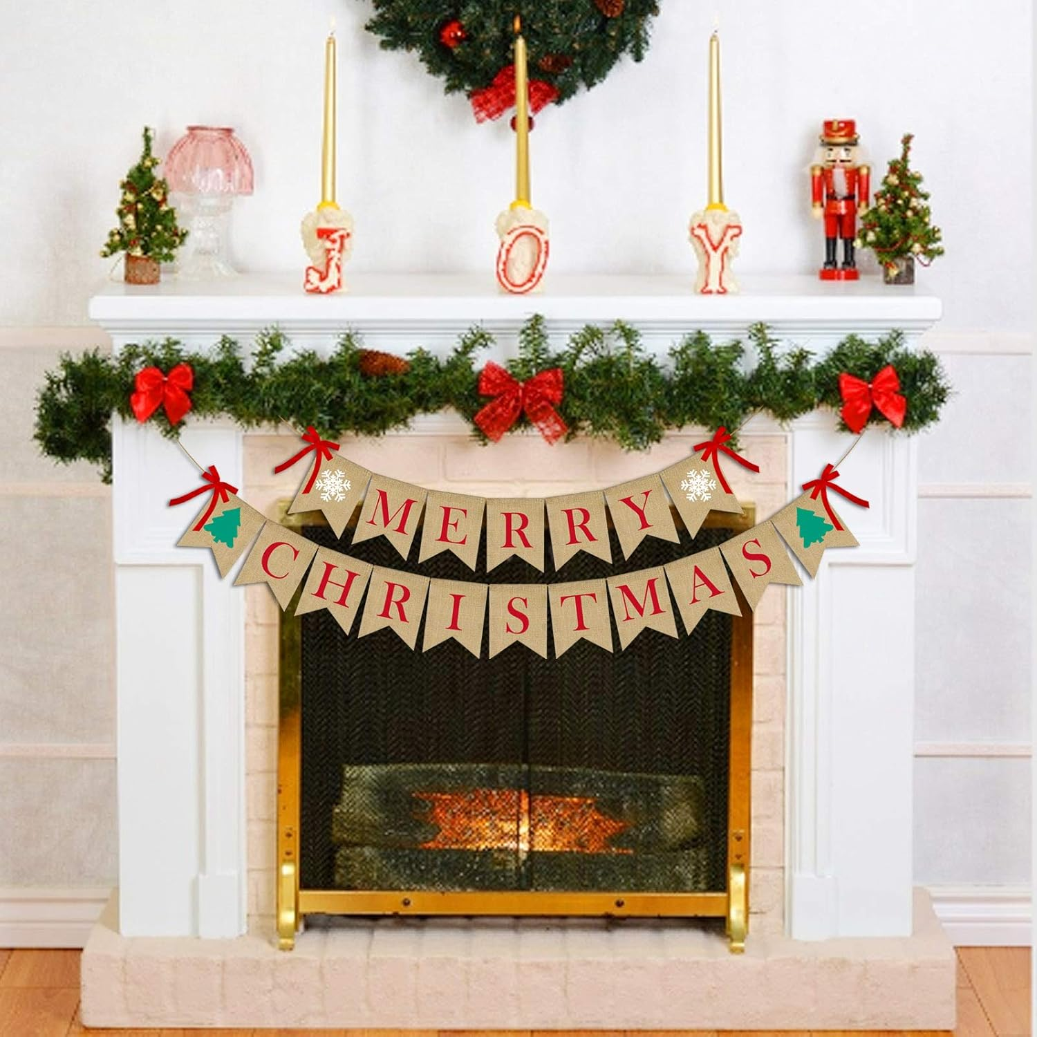 PACETAP Merry Christmas Burlap Banner with 4 Red Bows, Home Indoor Christmas Decorations for Fireplace, Chimney, Wall, Tree image number 4