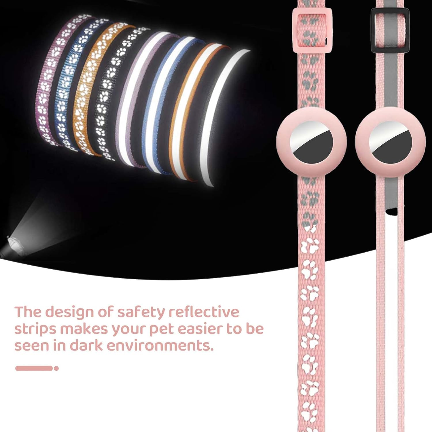 Kexkceql 2-Pack Adjustable Cat Collar for Apple Airtag，2 Styles (Footprint & Reflective)，Pet Anti-Lost GPS Collars with Safety Buckle，Pink, M (7.5-12.6 Inches) image number 5