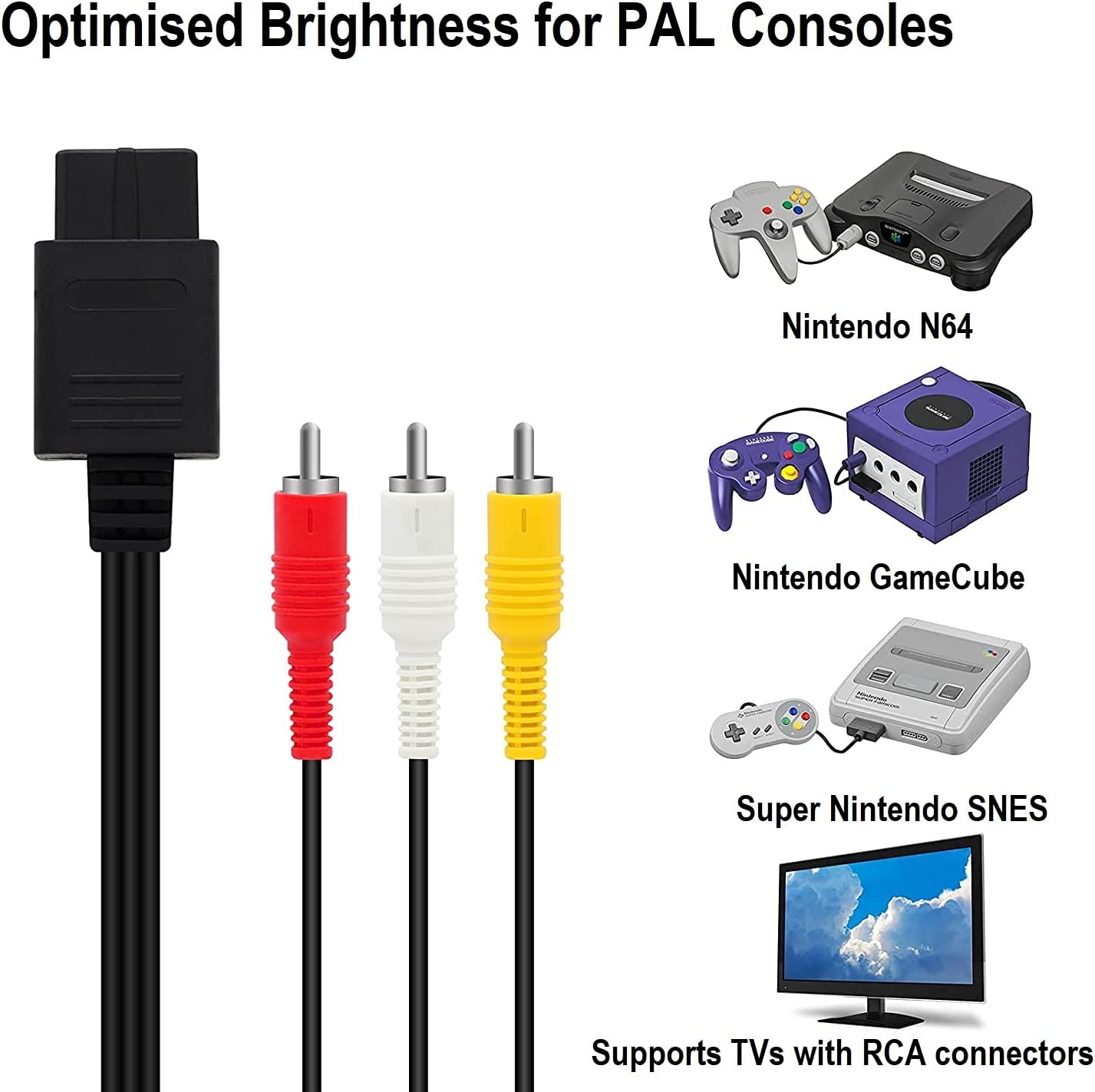 PAL AV Cable for Super Nintendo N64 AV Cable Audio Video Cord PAL N64 Av Cord SNES Av Gamecube GC Consoles Composite Video image number 4