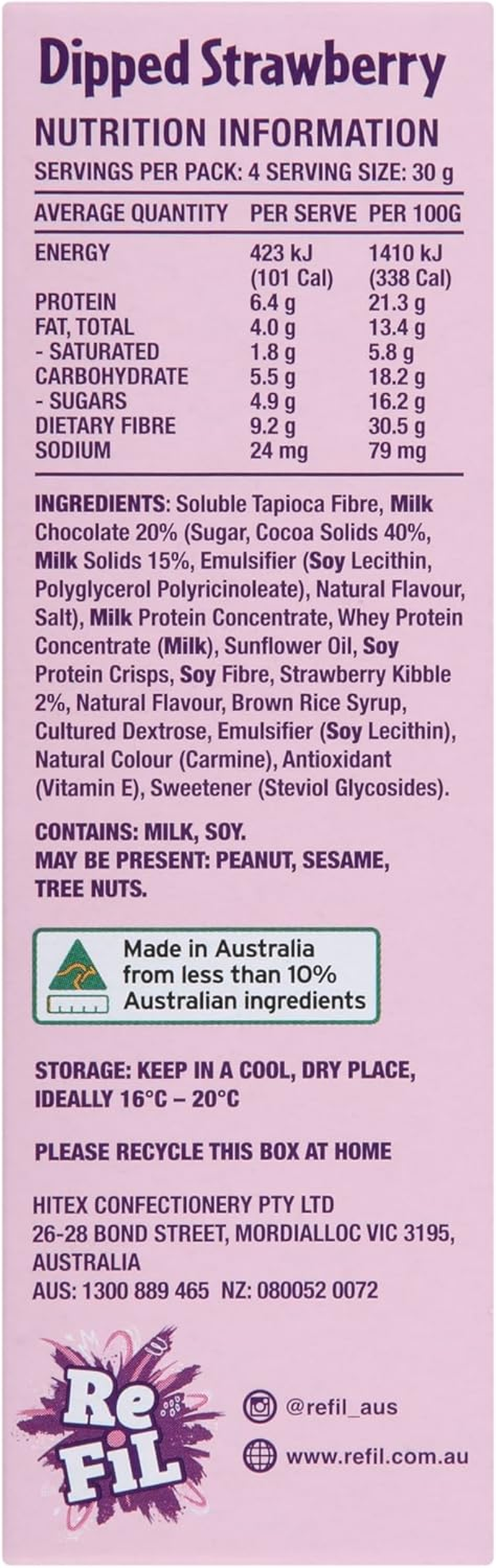 Refil Dipped Strawberry Snack Bars, High Fibre, Protein, Less than 1 Teaspoon Sugar, 4Pk, 120G image number 3