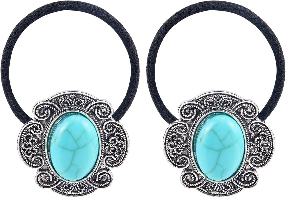 CABODYALS Pack of 3 Vintage Boho Metal Ponytail Holders Cowgirl Elastic Hair Bands Rope Western Style Turquoise Decorative Hair Bobbles Bracelet Bulk Pack for Women Party Outfit Ceremony Accessories