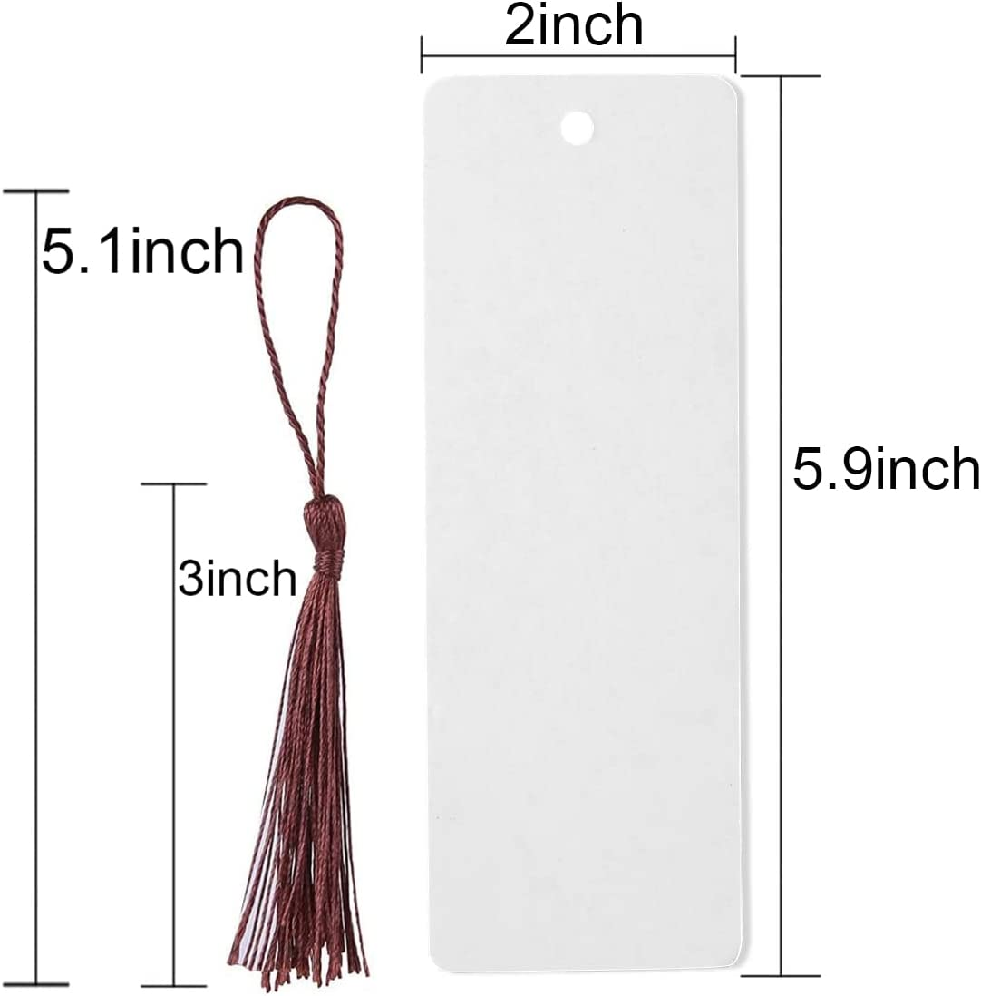 Teemico 96 Pcs Kraft Paper Blank Cardstock Bookmarks for DIY Projects and Gifts Tags, White, 5.5 by 2 Inch 48Pcs Bookmarks with 48 Tassels image number 1