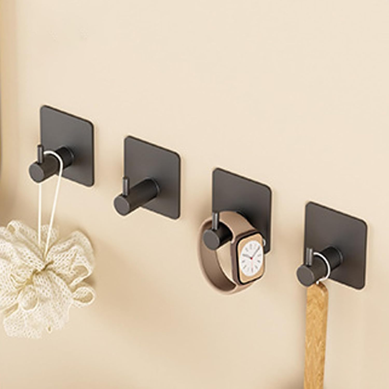 Black Adhesive Towel Hooks Heavy Duty Stick on Wall Hooks Shower Hooks for Bathroom Kitchen Door-4 Packs