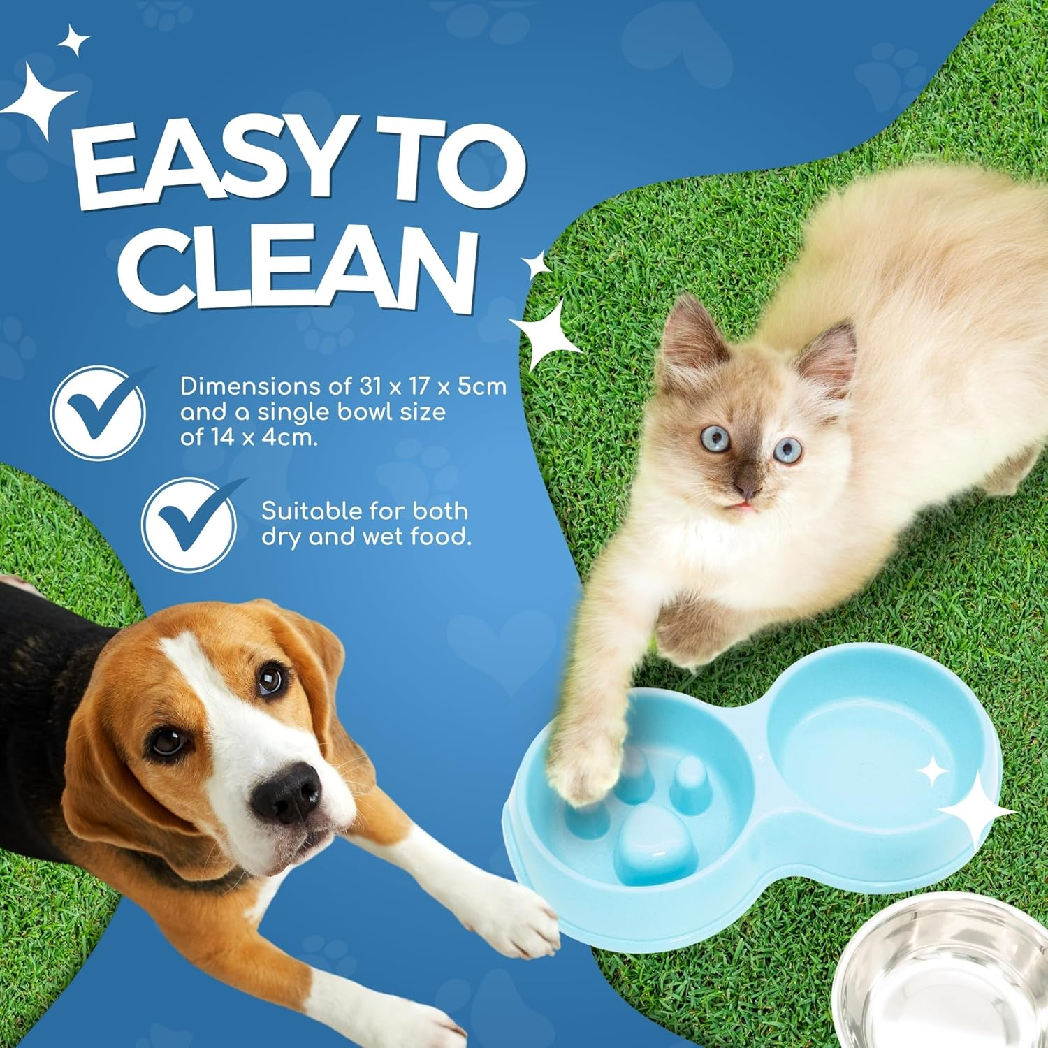 Fur & Bone Double Slow Feeder Dog Bowl | Raised Dog Bowl with Non-Slip Bottom | Dog Bowls | Dog Water Stainless Steel Bowl | Detachable Raised Cat (Blue)