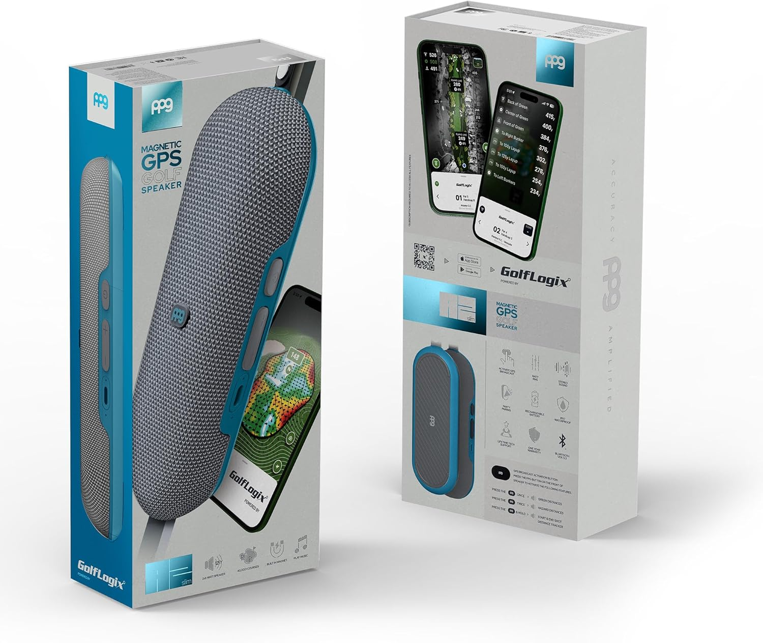 PPG All-In-One Golf Speaker with GPS Powered by Golf Logix &ndash; 40K+ Courses, 3D Mapping, Stereo Sound, Magnet Mount, IPX7 Waterproof, USB-C Rechargeable, Long Battery, Light Blue image number 1