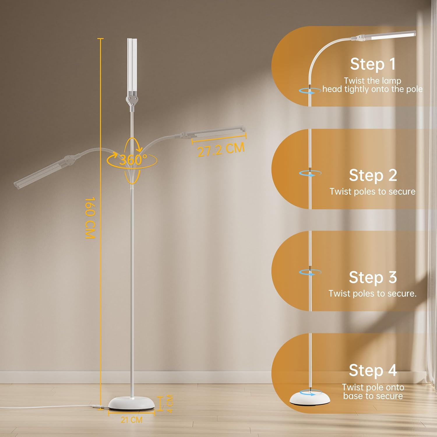 Dual LED Light Bar Floor Lamp, 59Cm Long 180&deg; Wide-Angle Stand Lamp, Independent Dual-Head Control Reading Light, 4 Brightness Levels, Floor Lamps for Living Room with 360&deg; Flexible Gooseneck (White)