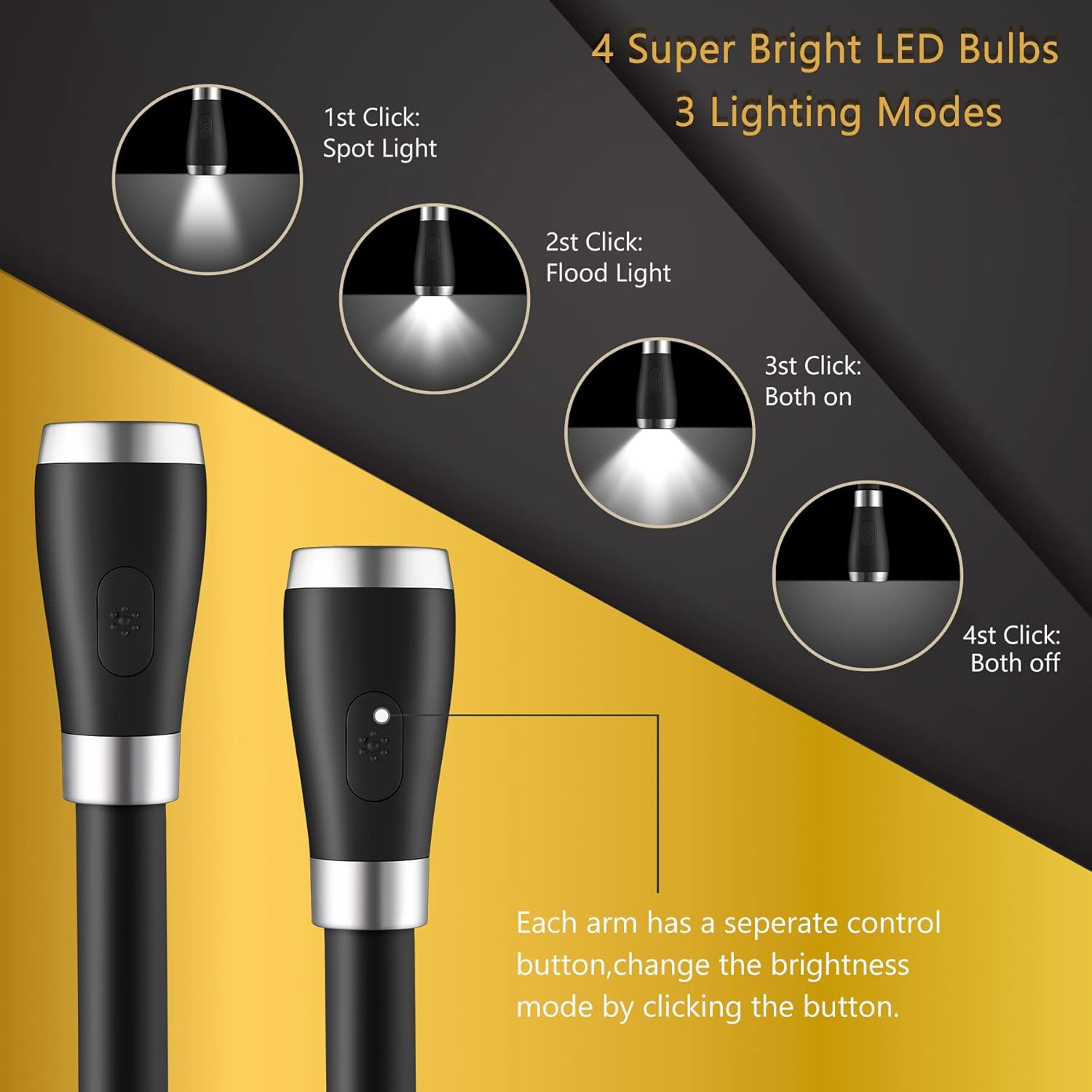 Singhong Neck Book Light LED Reading Lamp - USB Rechargeable, Hands Free, 4 LED Bulbs, 4 Adjustable Brightness, for Bed or Car (Black) - Blue image number 5