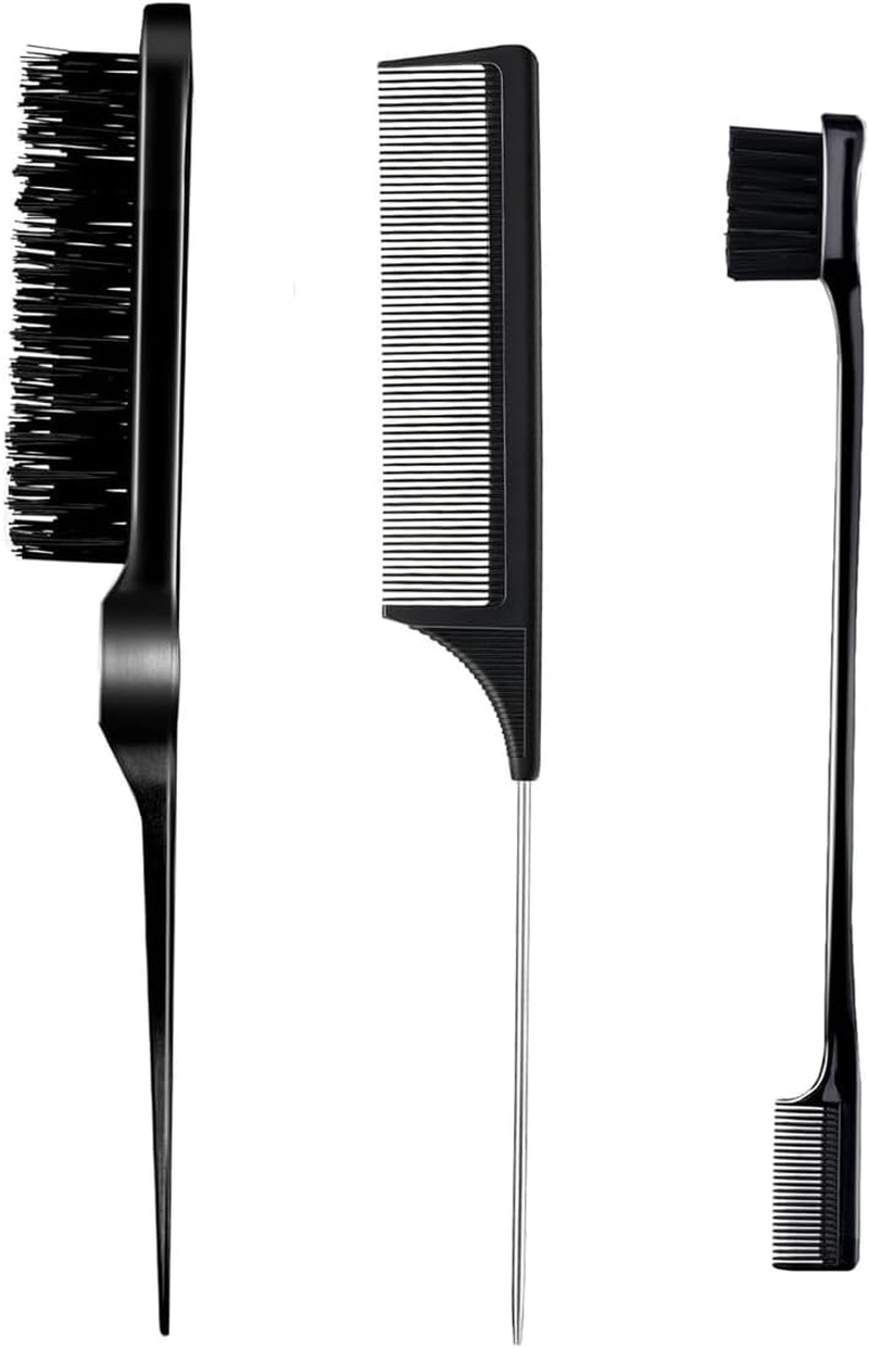 3 Pcs Slick Back Hair Brush, Edge Control Brush Kit - Includes Bristle Brush, Rat Tail & Parting Comb, Teasing Comb for Curly Hair, Sleek Ponytails, Smoothing Baby Hair & Flyaways for Women & Girls (Pink)