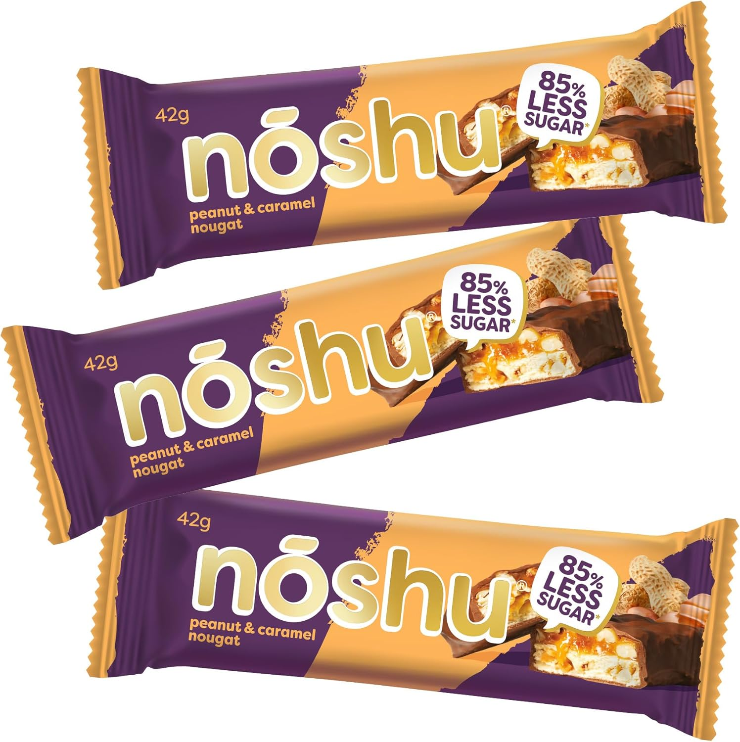 Noshu 85% Less Sugar Milk Chocolate Peanut & Caramel Nougat Bar (12 X 42G Bars) image number 4