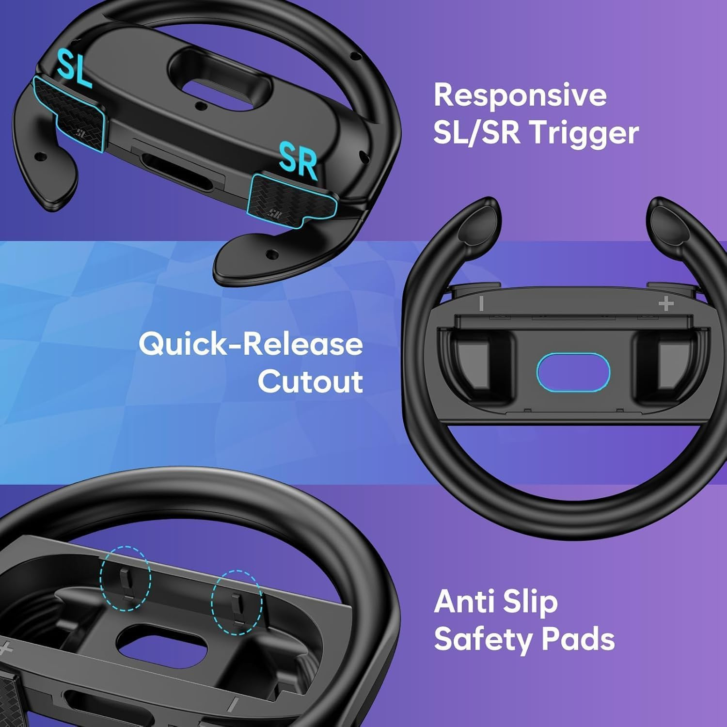 Nintendo Switch Steering Wheel, 2 Pack,Dual Racing Wheel Joy-Con Holder for Mario Kart 8 Deluxe/Live Home Circuit, Ergonomic Grip for Kids & Adults (Black) - Blue  Red image number 6