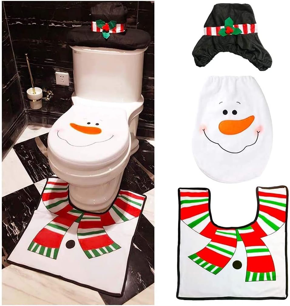Christmas Decorations,H HOME-MART Christmas Toilet Seat Cover and Rug Set Tank Lid Covers Tissue Box Cover Xmas Decorations Funny Bathroom Santa Claus Snowman Elf Festival Decor